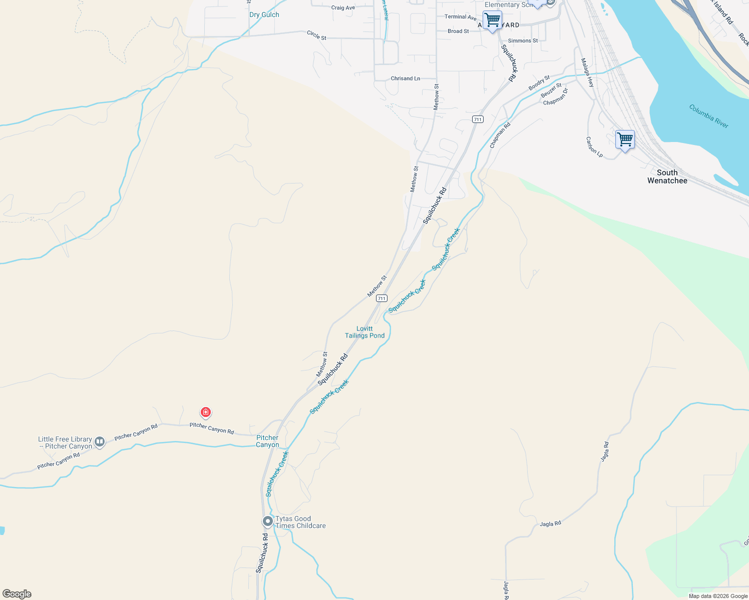 map of restaurants, bars, coffee shops, grocery stores, and more near 2446 Squilchuck Road in Wenatchee