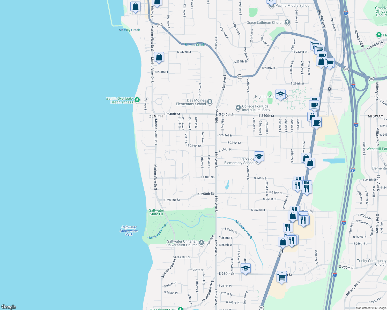 map of restaurants, bars, coffee shops, grocery stores, and more near 24435 13th Place South in Des Moines