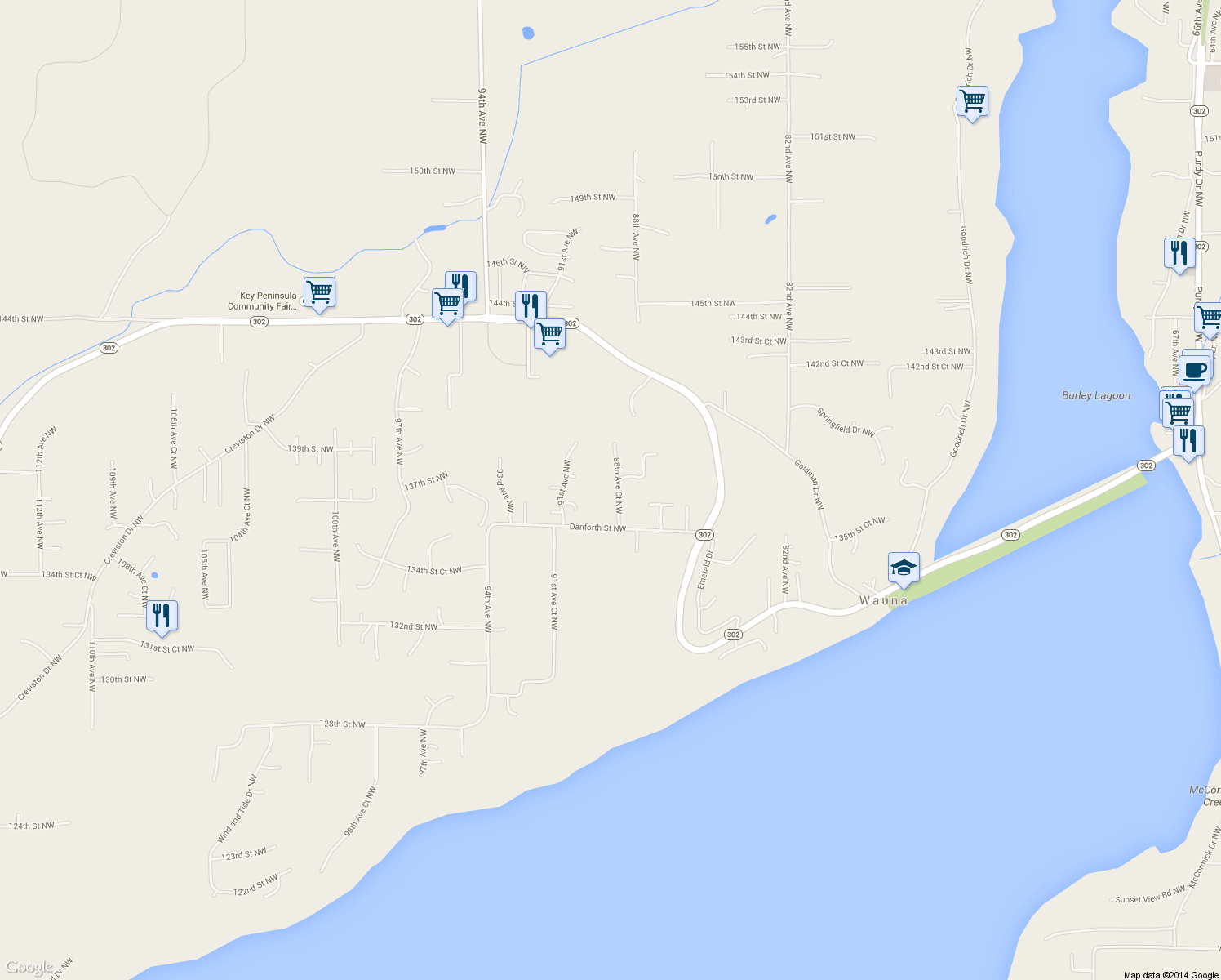map of restaurants, bars, coffee shops, grocery stores, and more near 13722 88th Avenue Court Northwest in Gig Harbor
