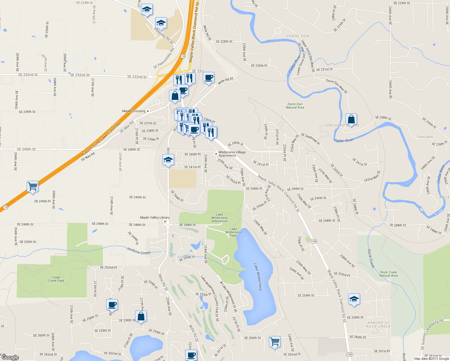 map of restaurants, bars, coffee shops, grocery stores, and more near 24320 226th Avenue Southeast in Maple Valley