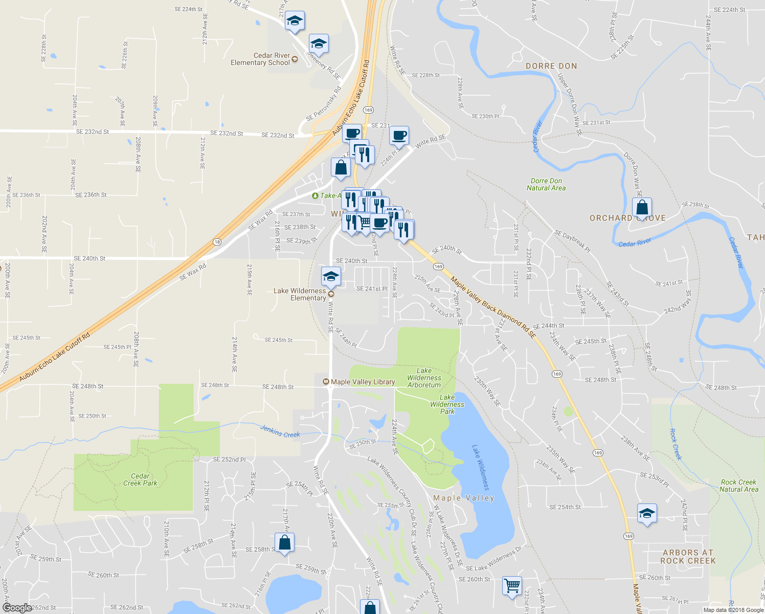 map of restaurants, bars, coffee shops, grocery stores, and more near 22310 Southeast 243rd Street in Maple Valley