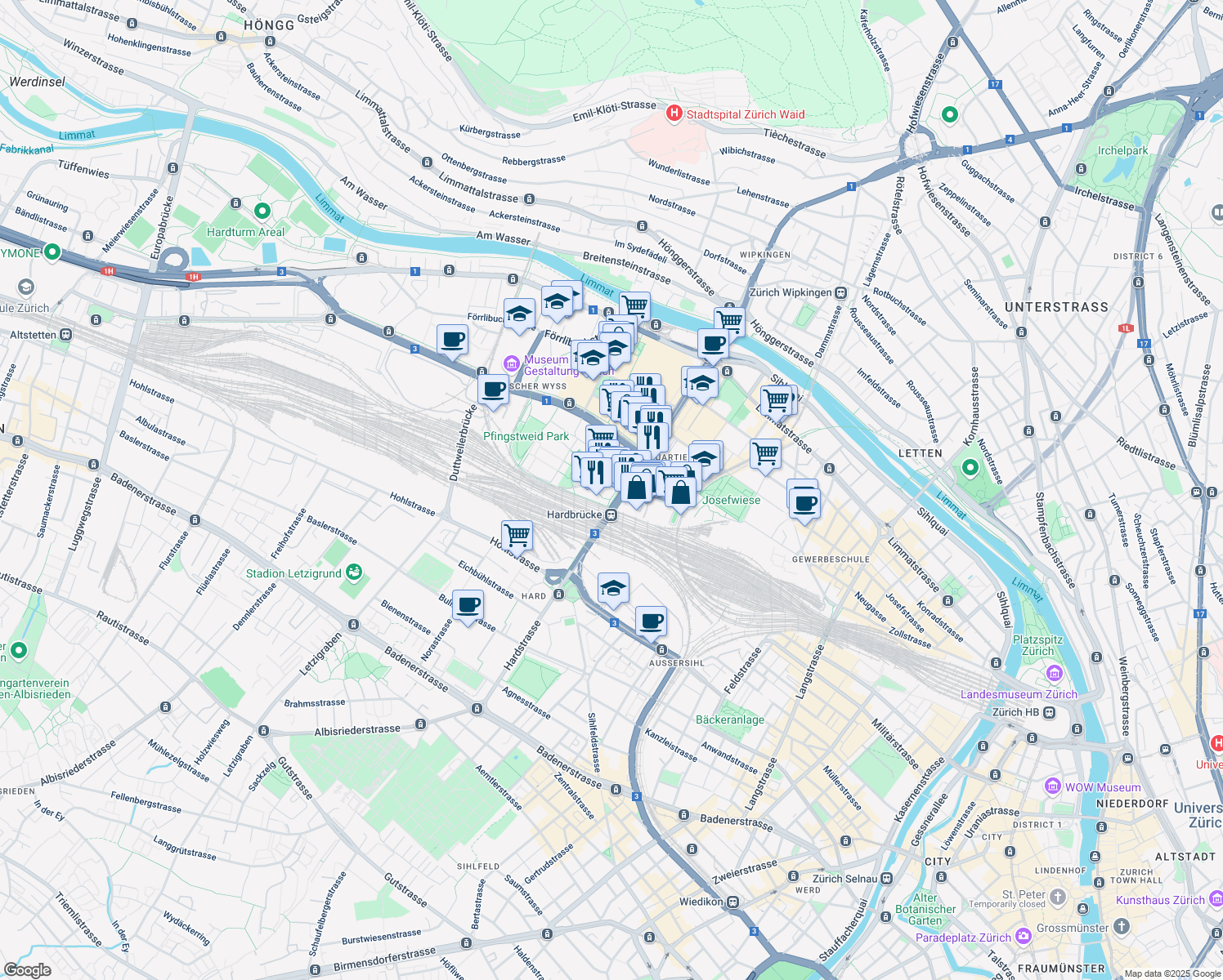 map of restaurants, bars, coffee shops, grocery stores, and more near 201 Hardstrasse in Zürich