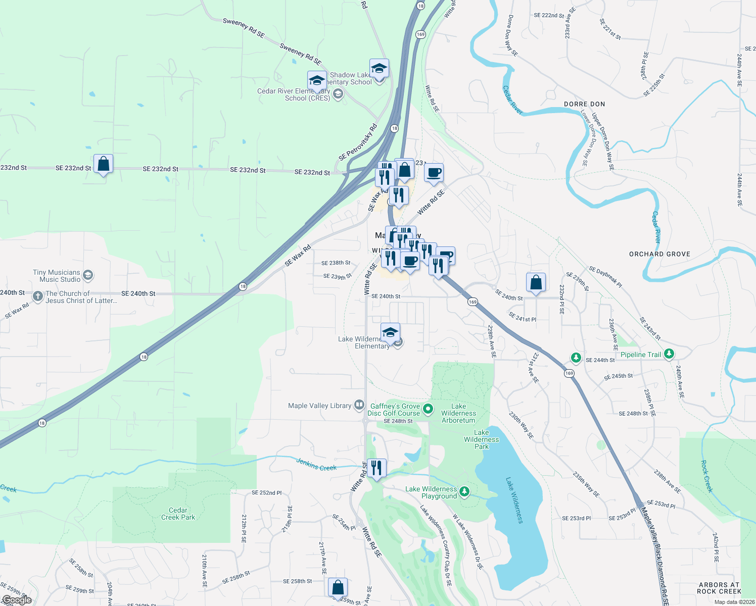 map of restaurants, bars, coffee shops, grocery stores, and more near 24015 221st Lane Southeast in Maple Valley