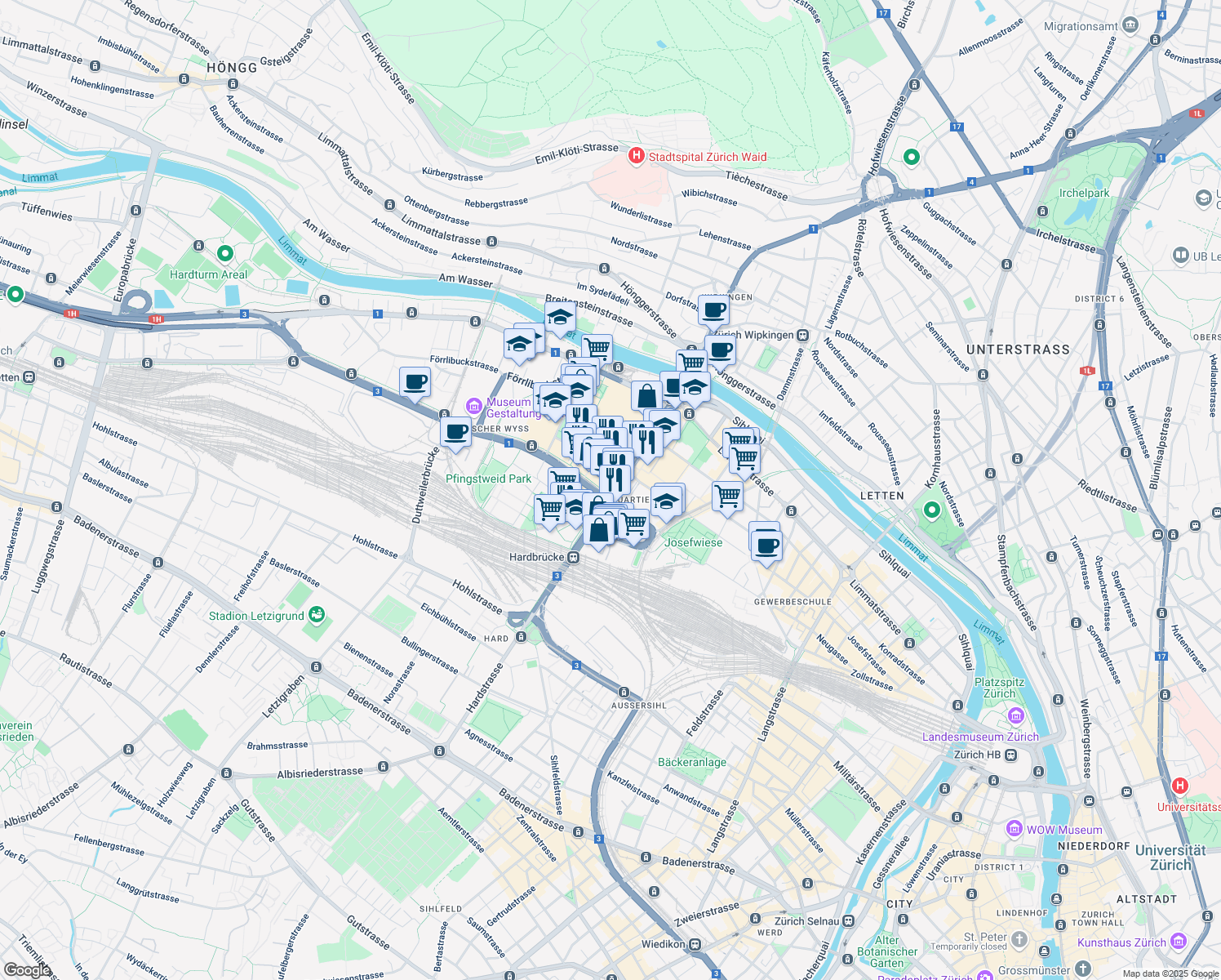map of restaurants, bars, coffee shops, grocery stores, and more near 201 Hardstrasse in Zürich