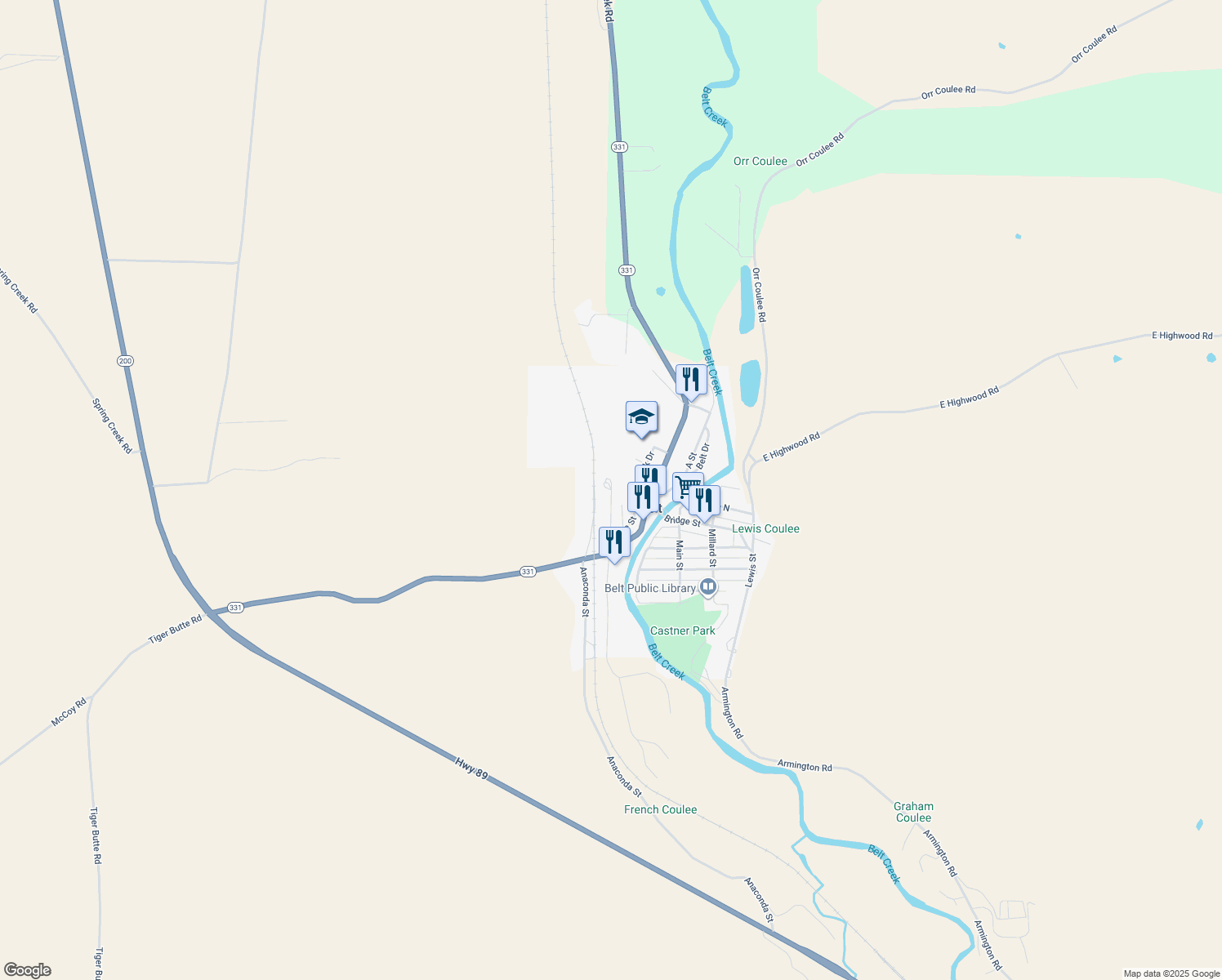 map of restaurants, bars, coffee shops, grocery stores, and more near 22 5th St N in Belt