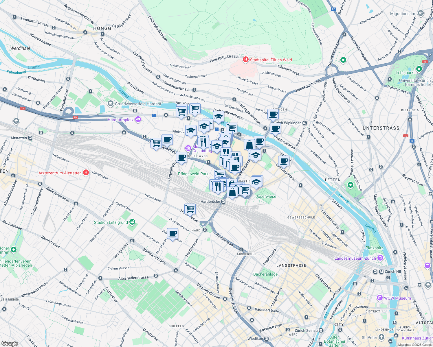 map of restaurants, bars, coffee shops, grocery stores, and more near 31 Pfingstweidstrasse in Zürich