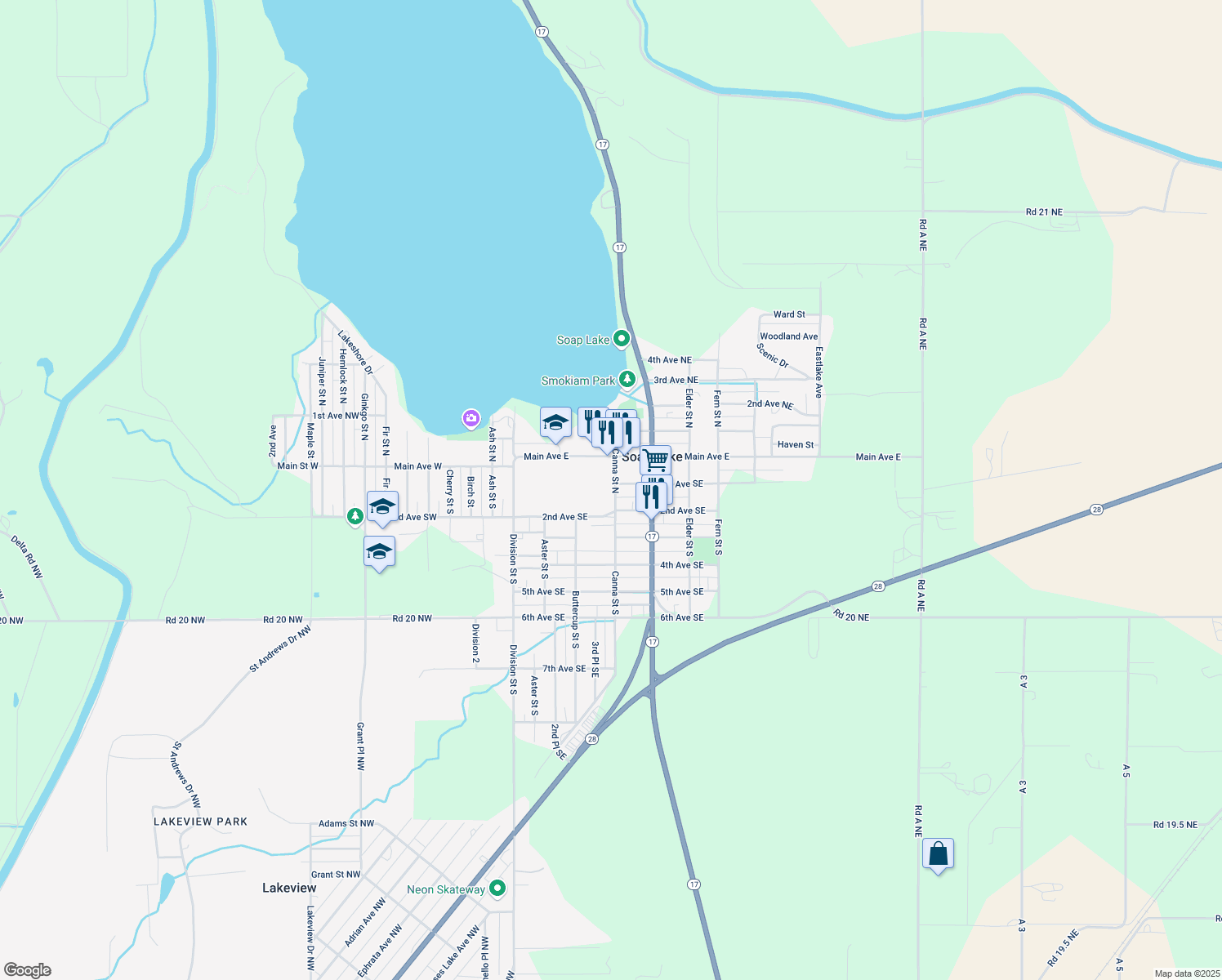 map of restaurants, bars, coffee shops, grocery stores, and more near 33 Canna Street South in Soap Lake