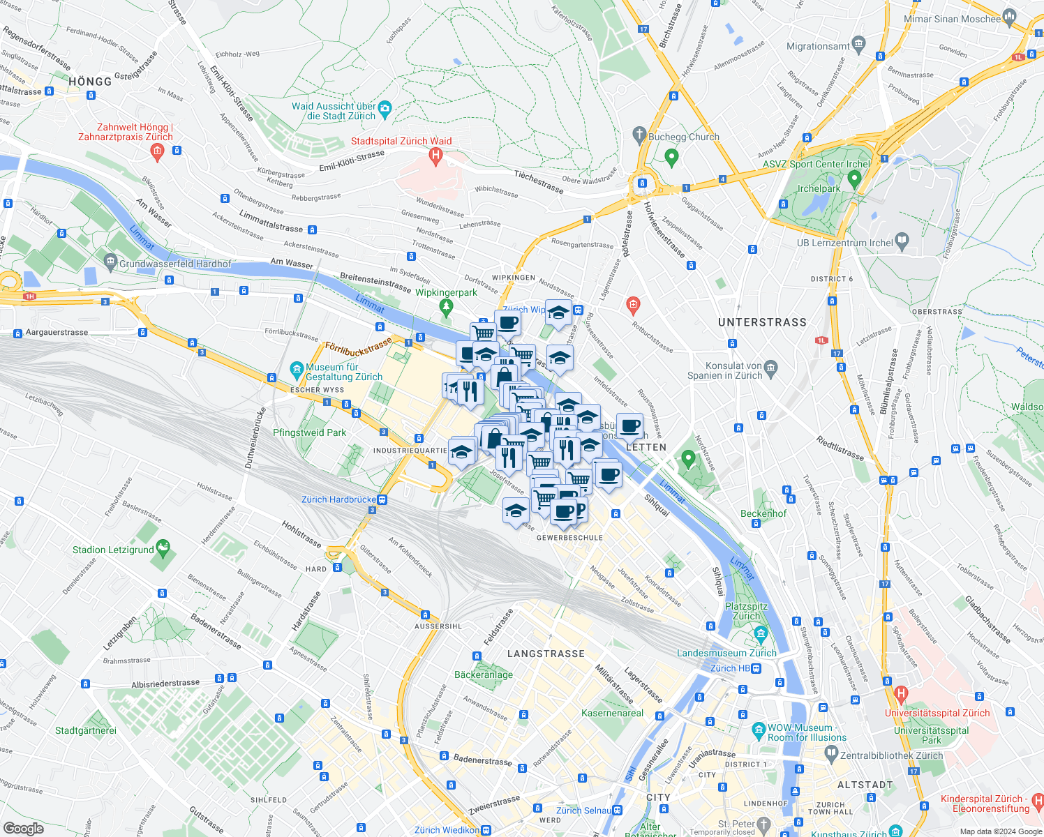 map of restaurants, bars, coffee shops, grocery stores, and more near 250 Limmatstrasse in Zurich