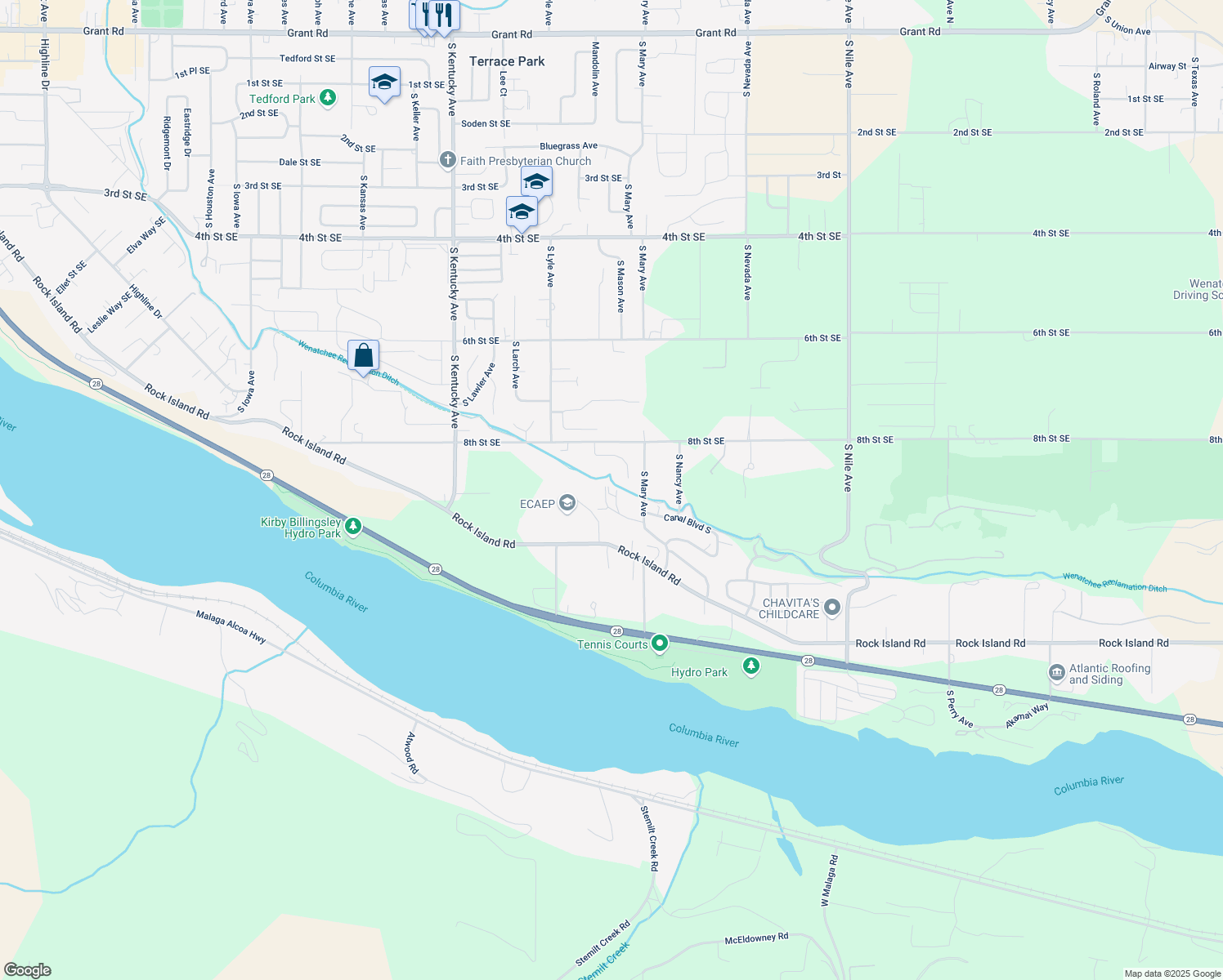 map of restaurants, bars, coffee shops, grocery stores, and more near 2009 Alice Lane in East Wenatchee