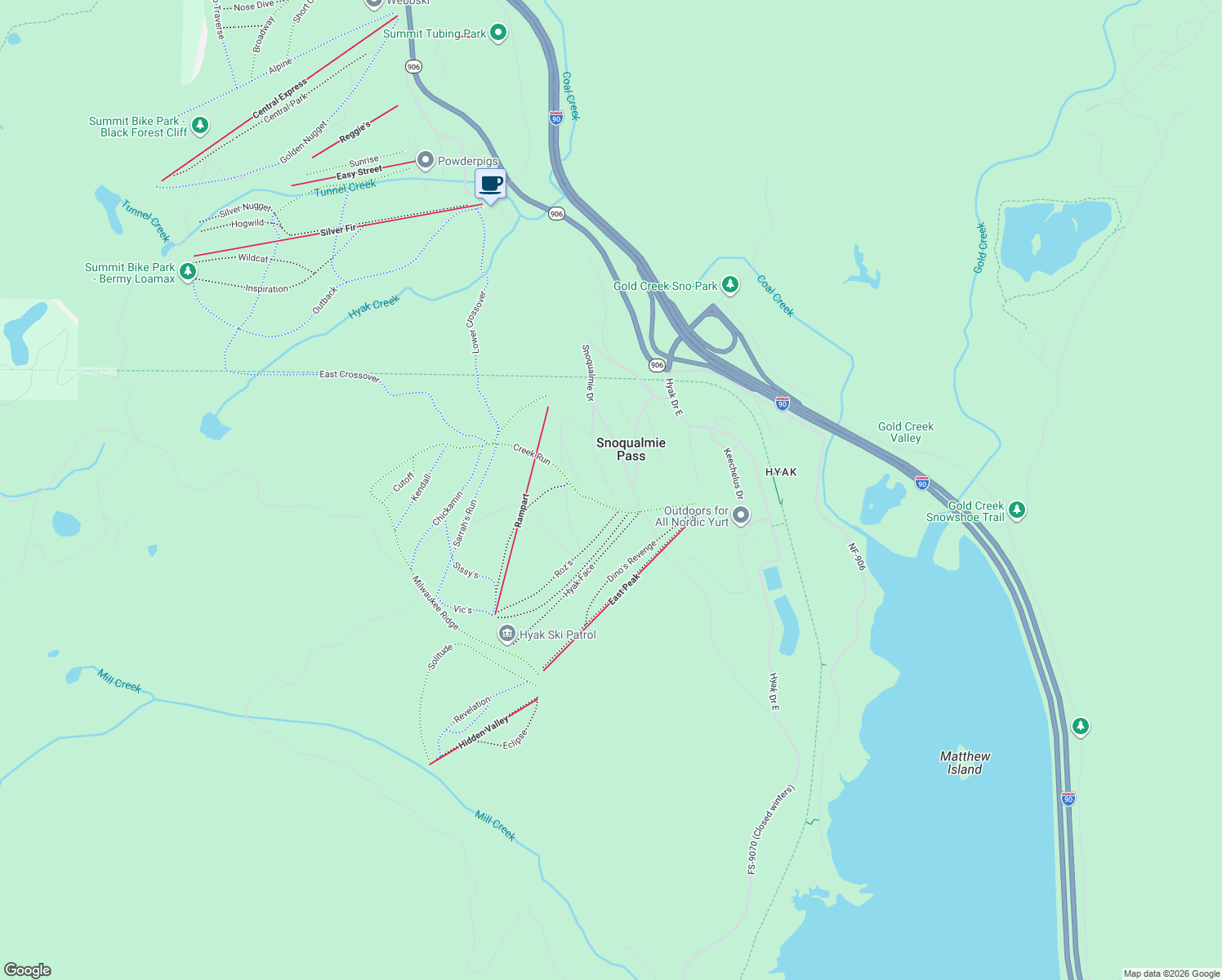 map of restaurants, bars, coffee shops, grocery stores, and more near 320 Innsbruck Drive in Snoqualmie Pass