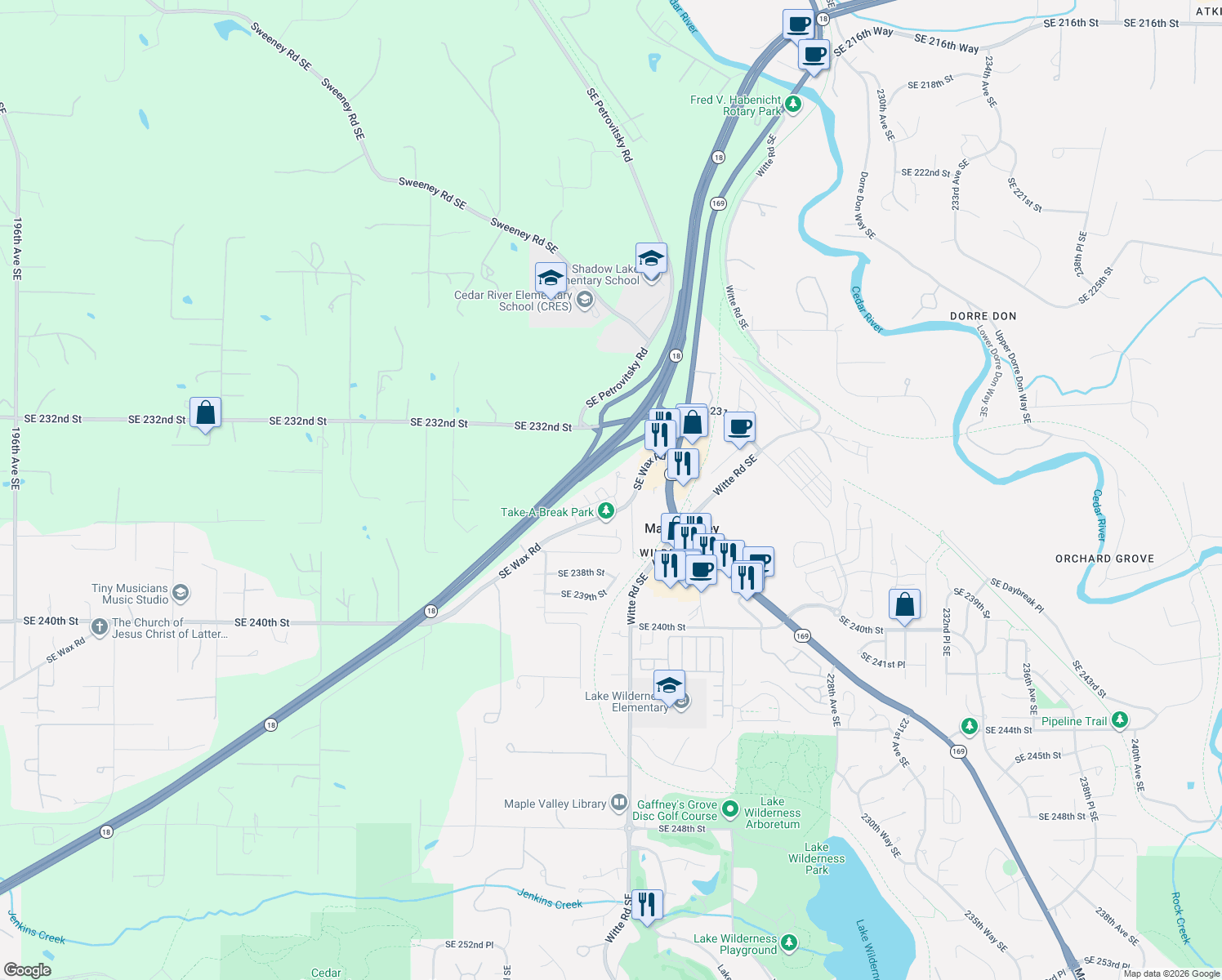 map of restaurants, bars, coffee shops, grocery stores, and more near 21900 Southeast Wax Road in Maple Valley