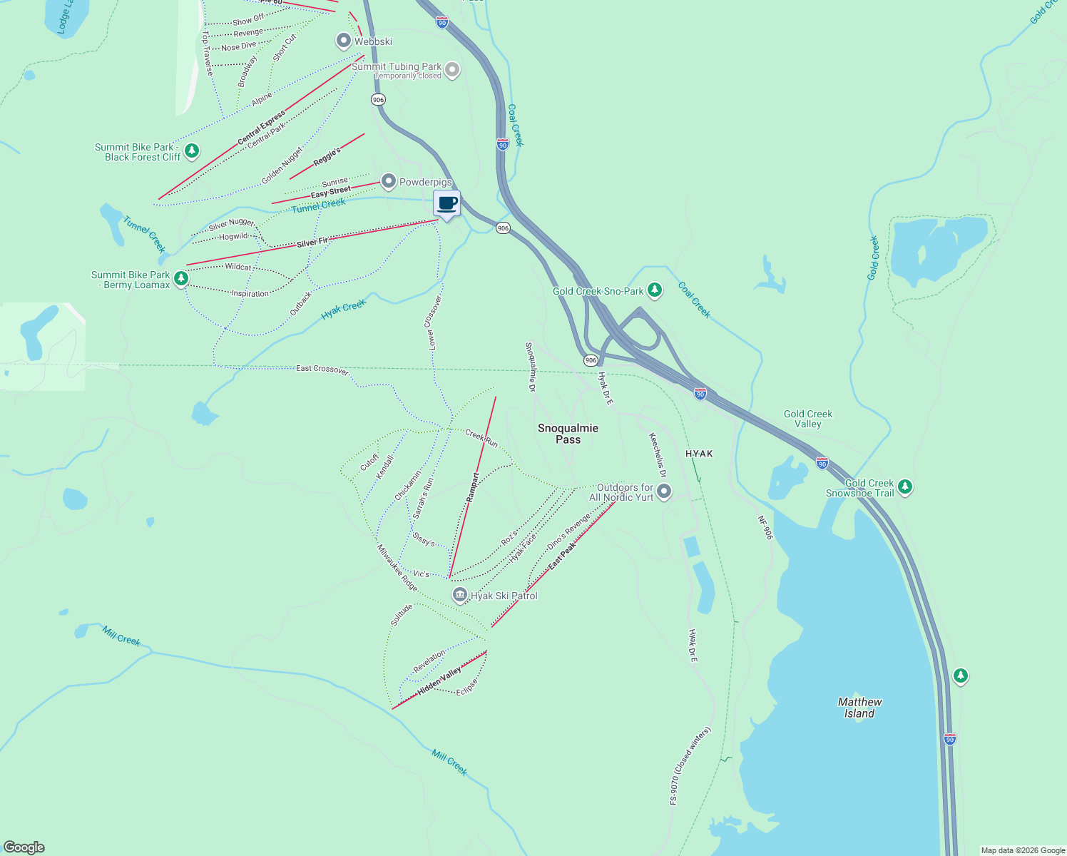 map of restaurants, bars, coffee shops, grocery stores, and more near Innsbruck Drive in Snoqualmie Pass