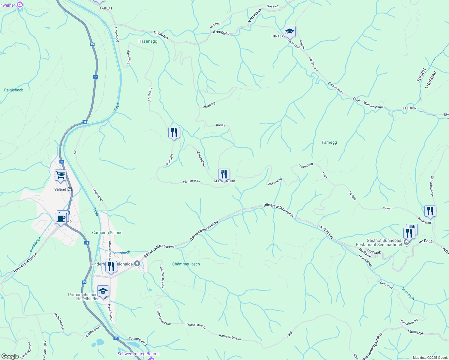 map of restaurants, bars, coffee shops, grocery stores, and more near 50 Manzenhub in Wila