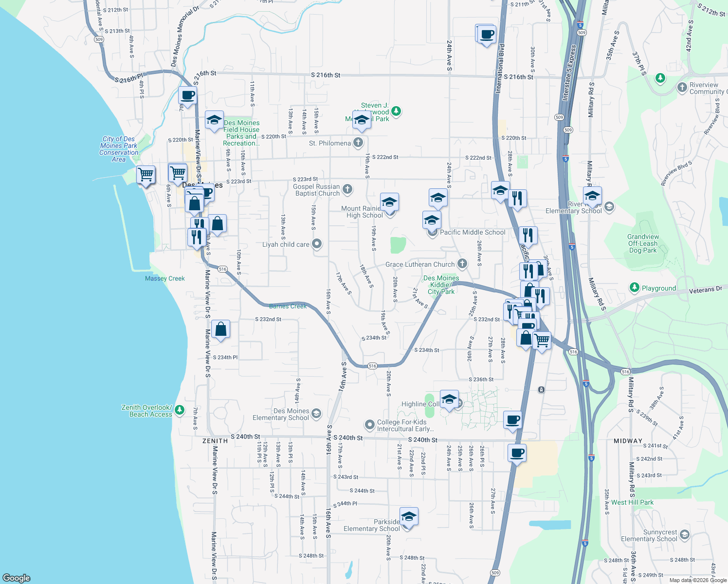 map of restaurants, bars, coffee shops, grocery stores, and more near 23034 Thunderbird Drive South in Des Moines