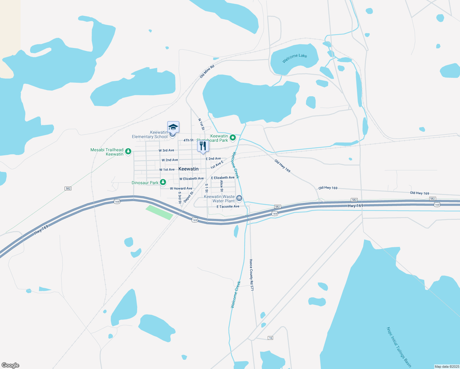 map of restaurants, bars, coffee shops, grocery stores, and more near 218 East Howard Avenue in Keewatin
