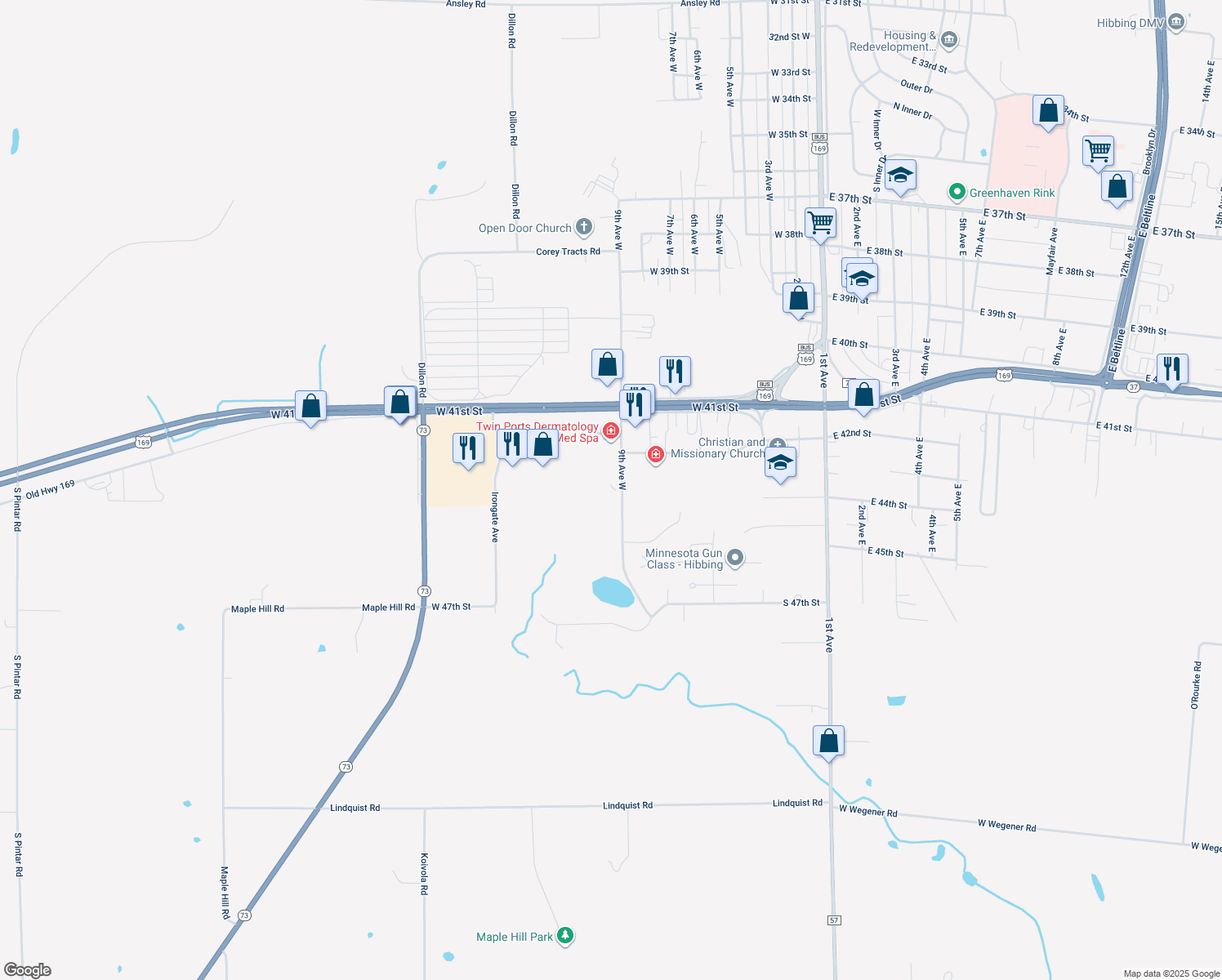map of restaurants, bars, coffee shops, grocery stores, and more near 4325 9th Avenue West in Hibbing