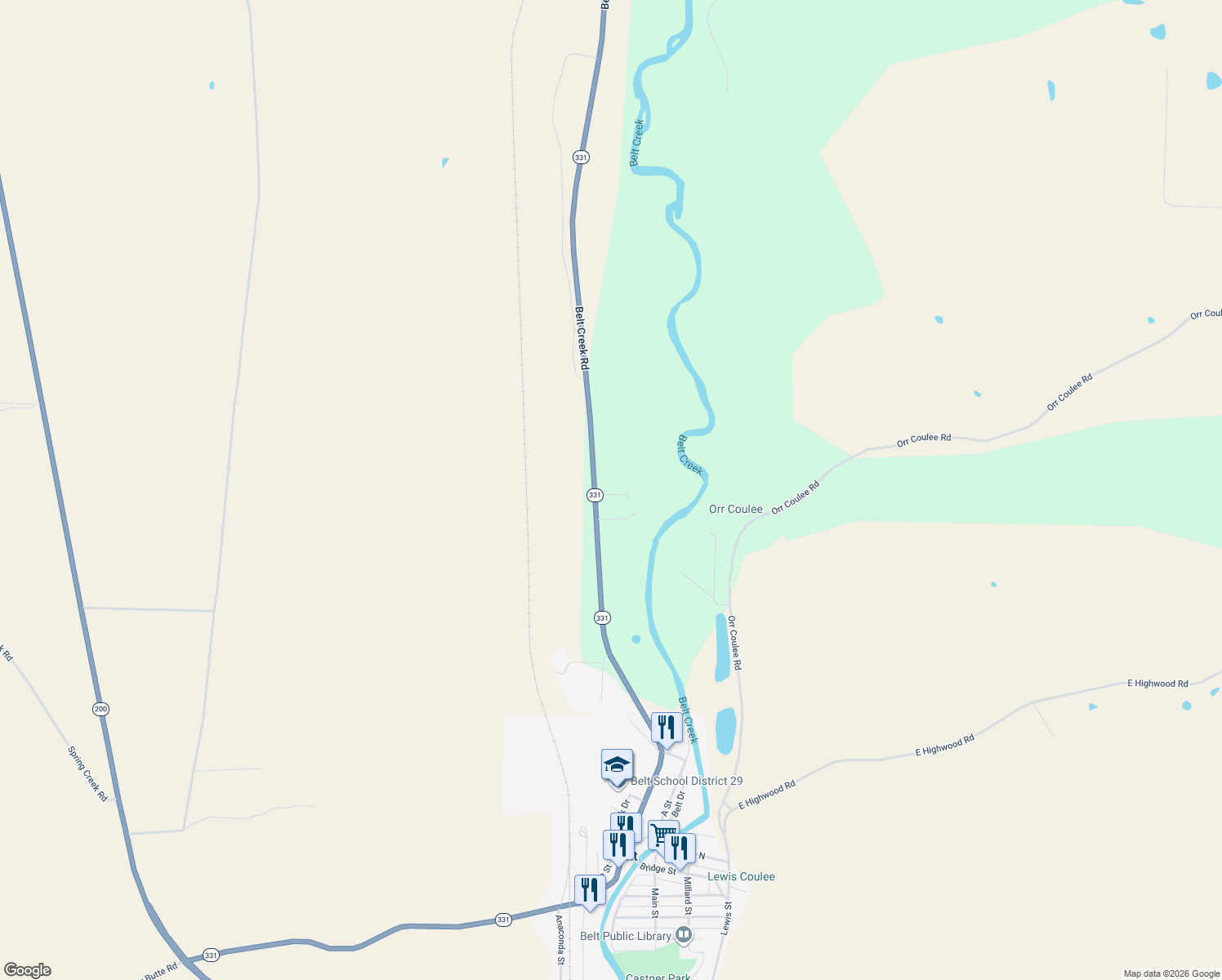 map of restaurants, bars, coffee shops, grocery stores, and more near 211 Belt Creek Road in Belt