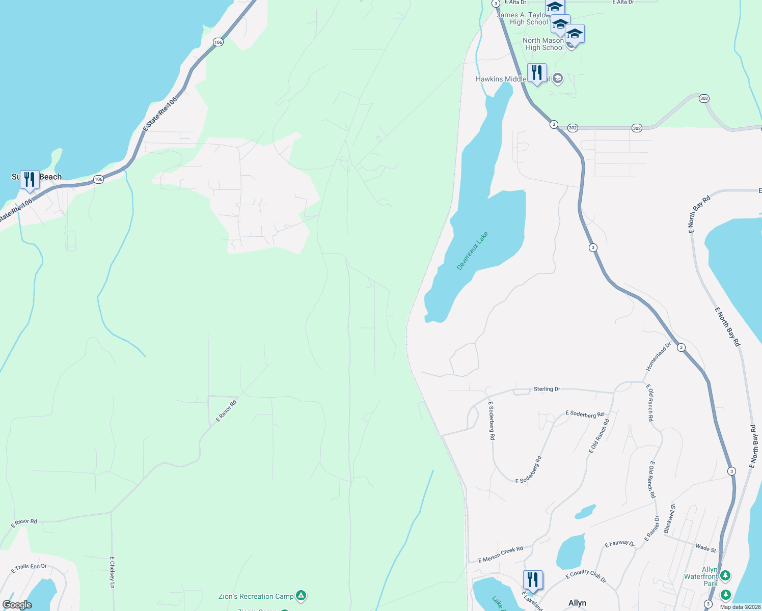 map of restaurants, bars, coffee shops, grocery stores, and more near 350 East Underline Road in Belfair