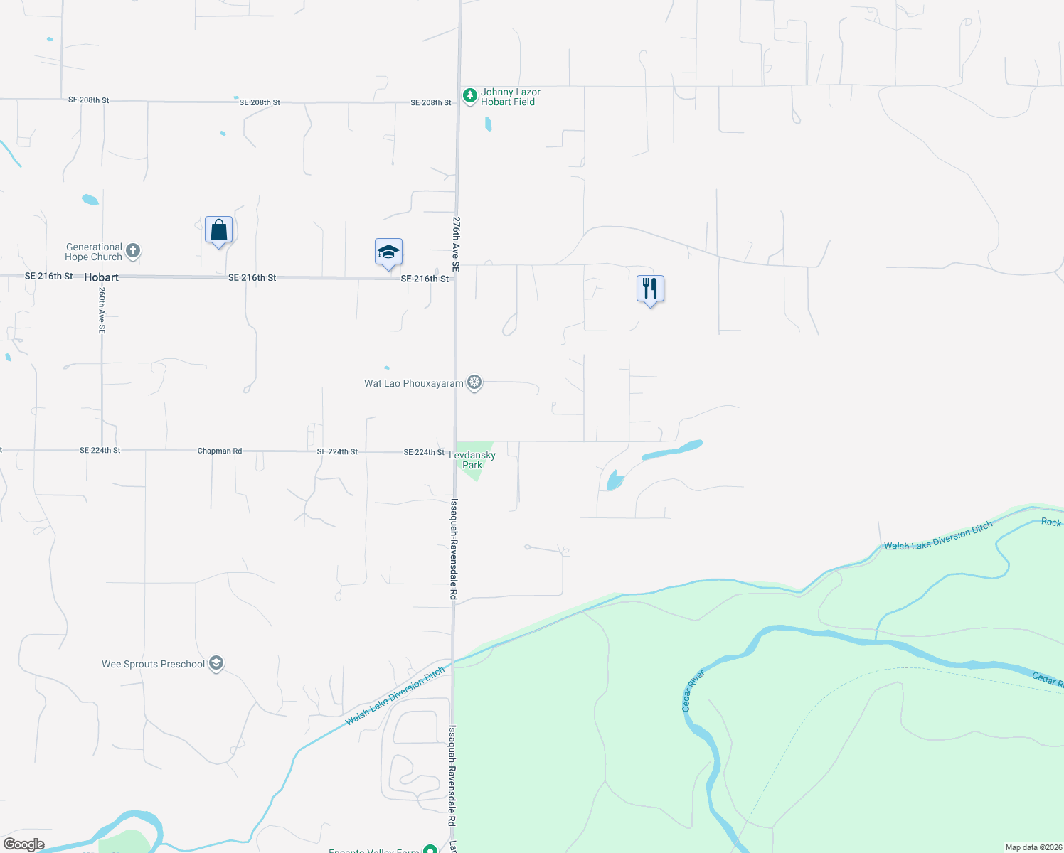 map of restaurants, bars, coffee shops, grocery stores, and more near 28112 Southeast 224th Street in Maple Valley