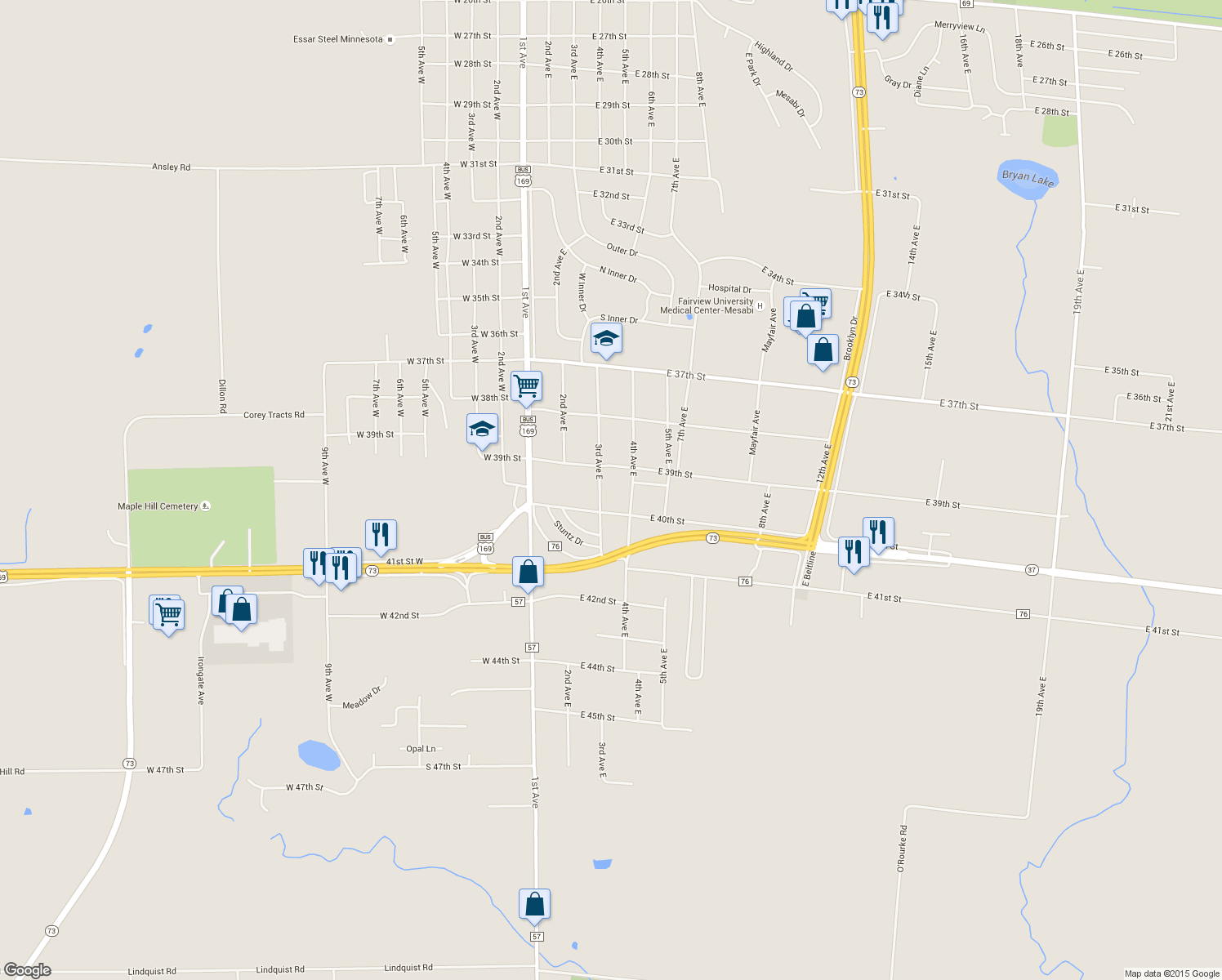 map of restaurants, bars, coffee shops, grocery stores, and more near 3922 3rd Avenue East in Hibbing