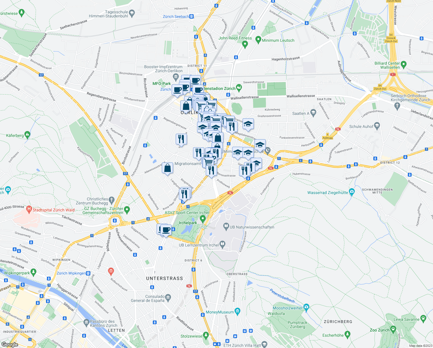 map of restaurants, bars, coffee shops, grocery stores, and more near 39 Berninastrasse in Zurich