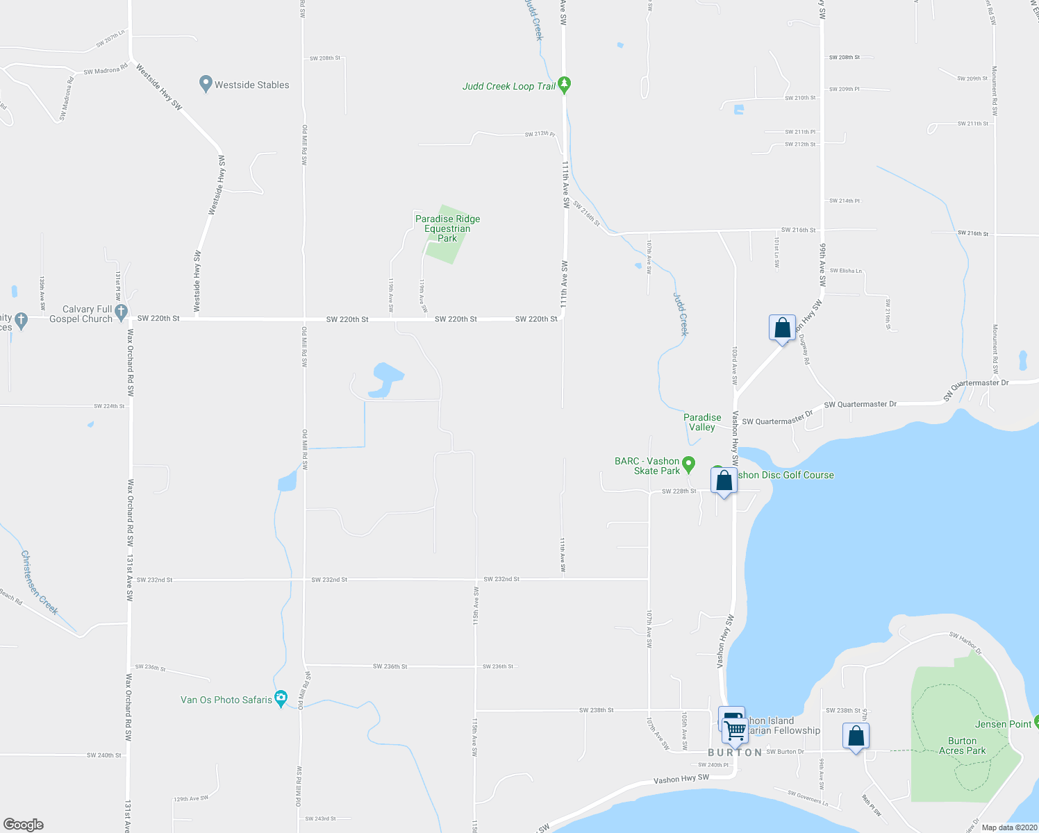 map of restaurants, bars, coffee shops, grocery stores, and more near 22417 111th Avenue Southwest in Vashon