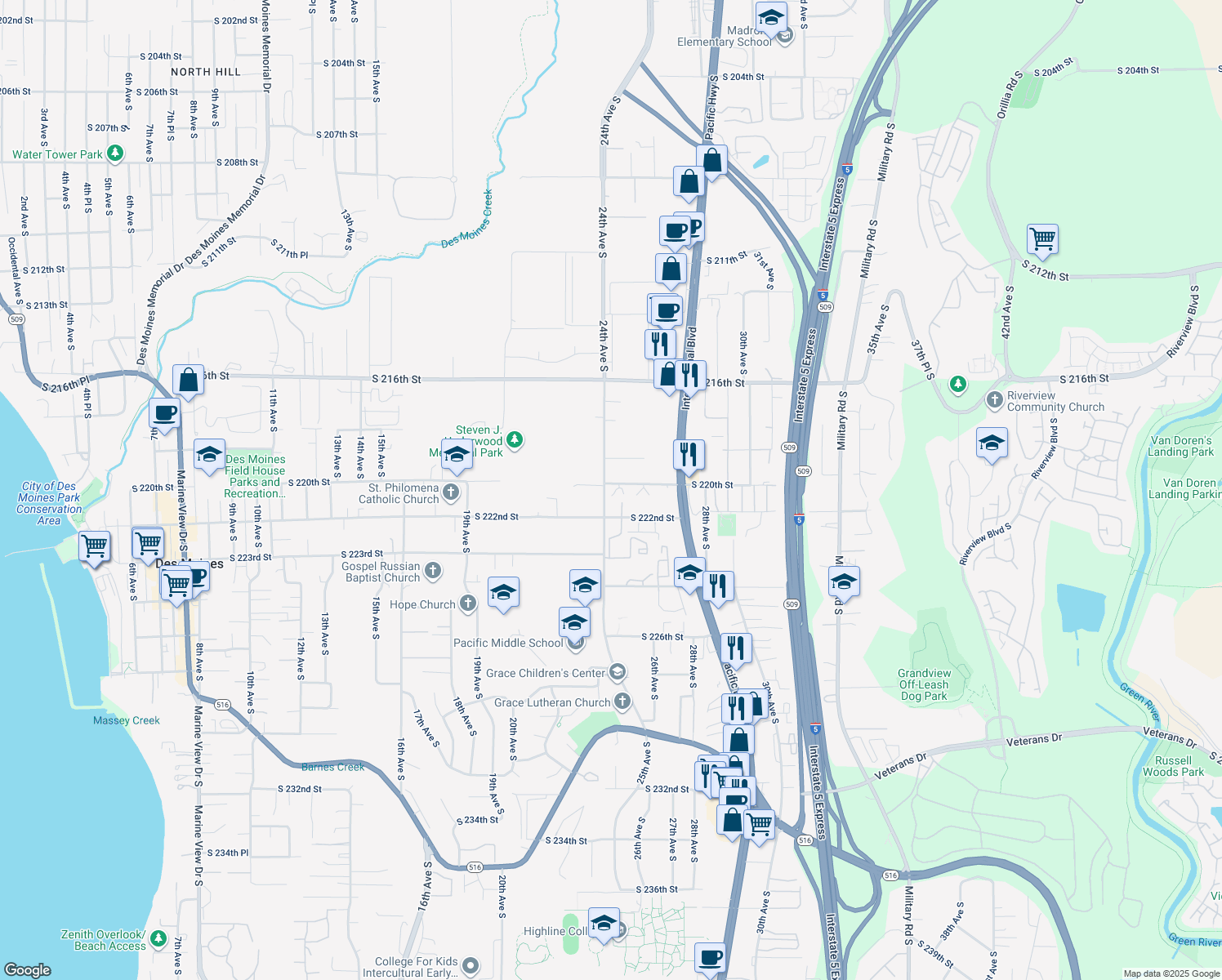 map of restaurants, bars, coffee shops, grocery stores, and more near 2401 South 220th Street in Des Moines