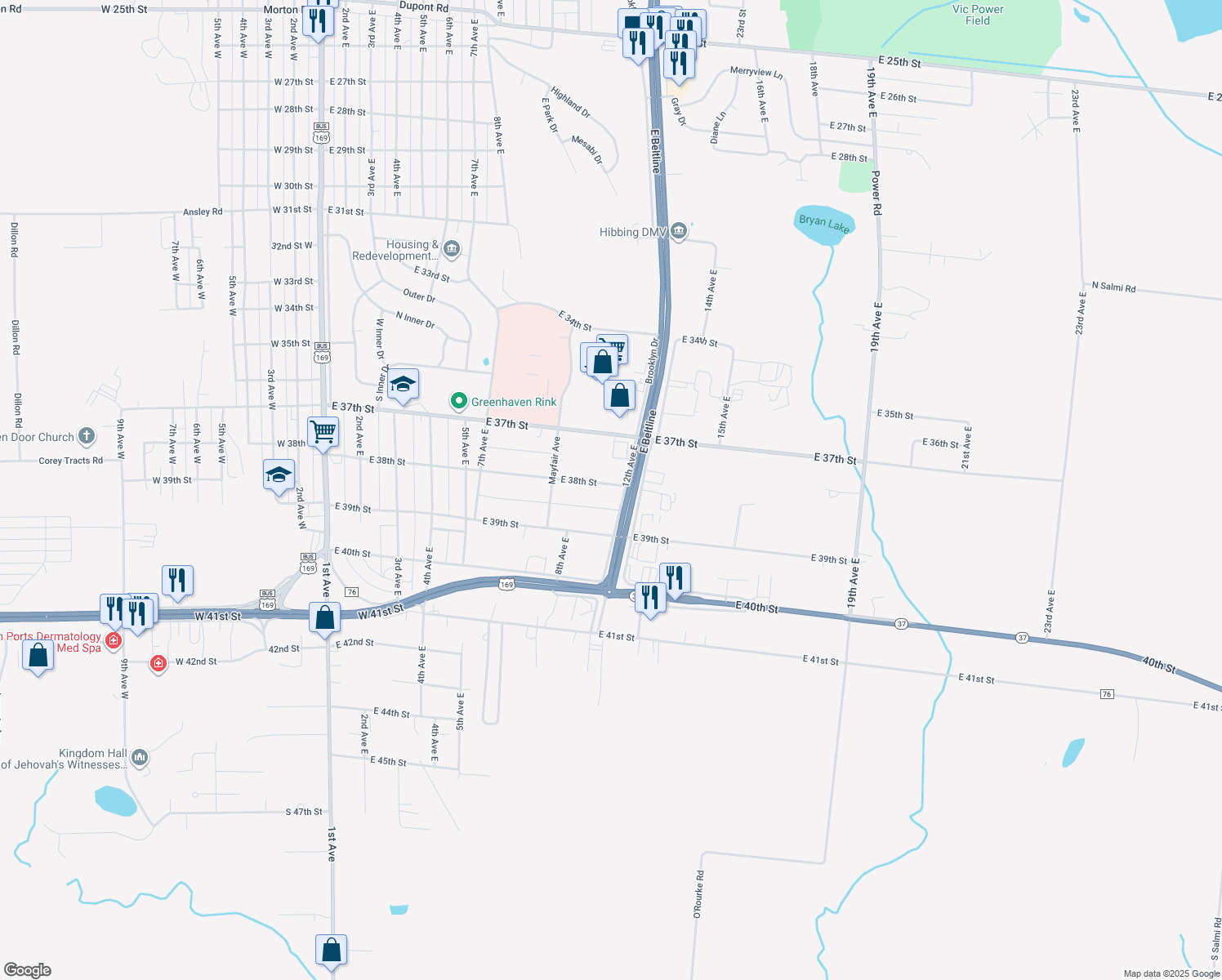 map of restaurants, bars, coffee shops, grocery stores, and more near 822 East 38th Street in Hibbing