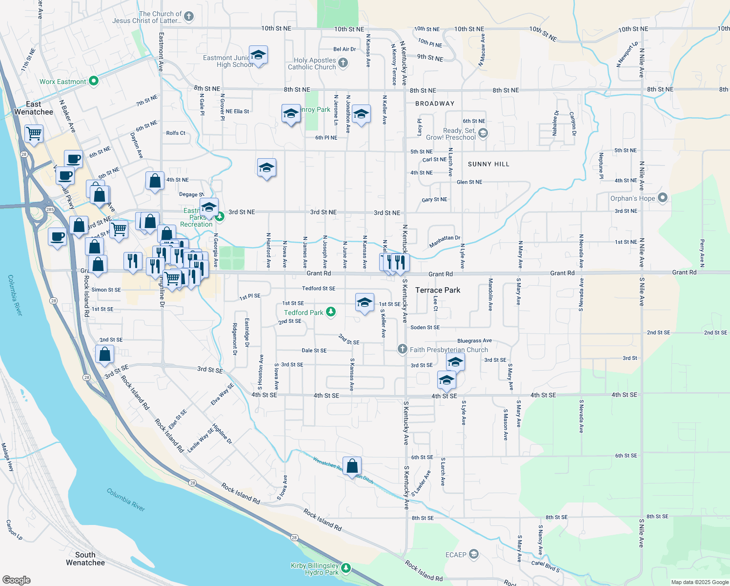 map of restaurants, bars, coffee shops, grocery stores, and more near 1456 Tedford Street Southeast in East Wenatchee