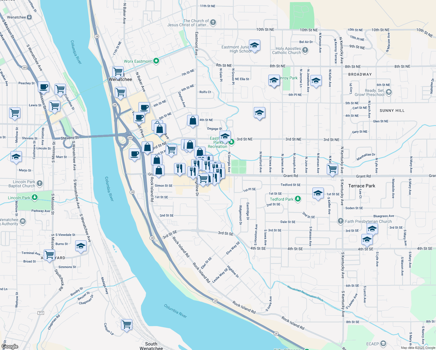 map of restaurants, bars, coffee shops, grocery stores, and more near 716 Grant Road in East Wenatchee