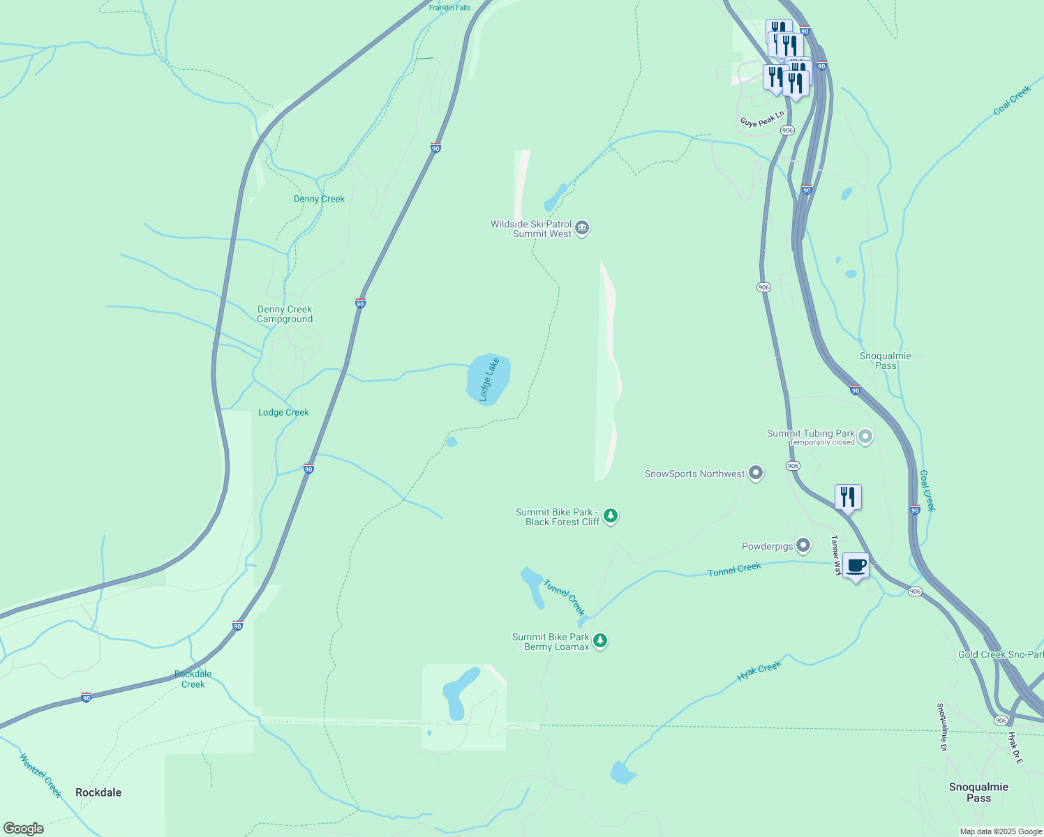 map of restaurants, bars, coffee shops, grocery stores, and more near Pacific Crest Trail in North Bend