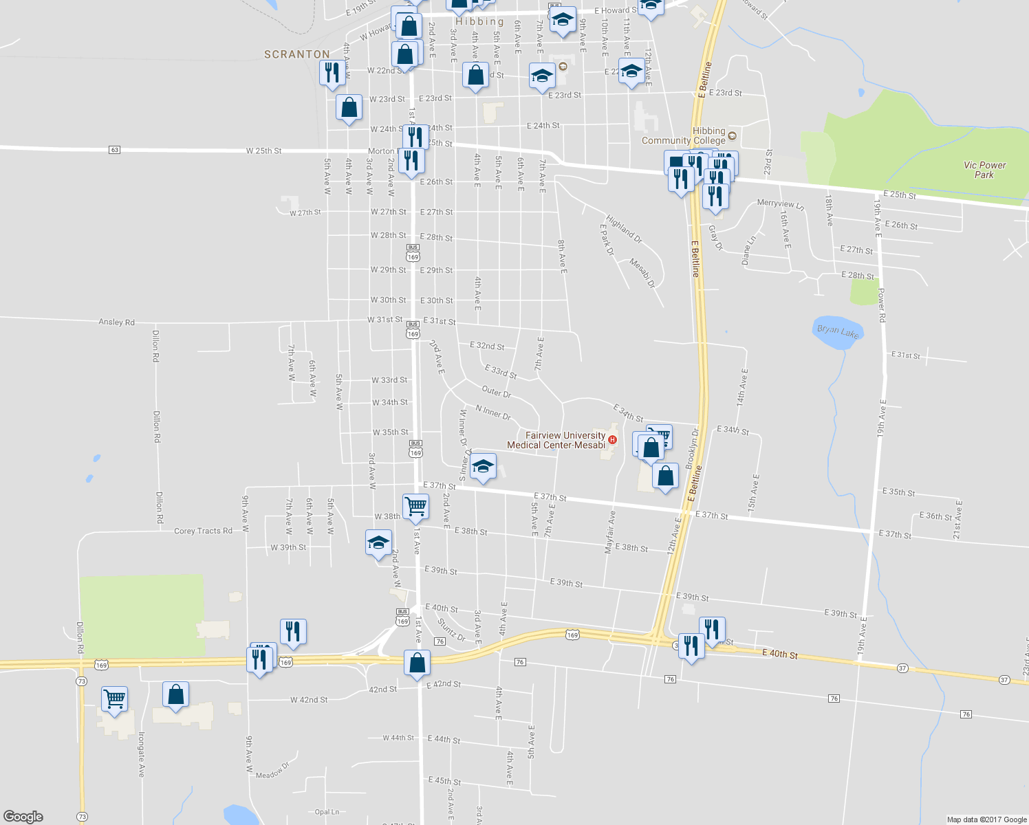 map of restaurants, bars, coffee shops, grocery stores, and more near 509 North Inner Drive in Hibbing