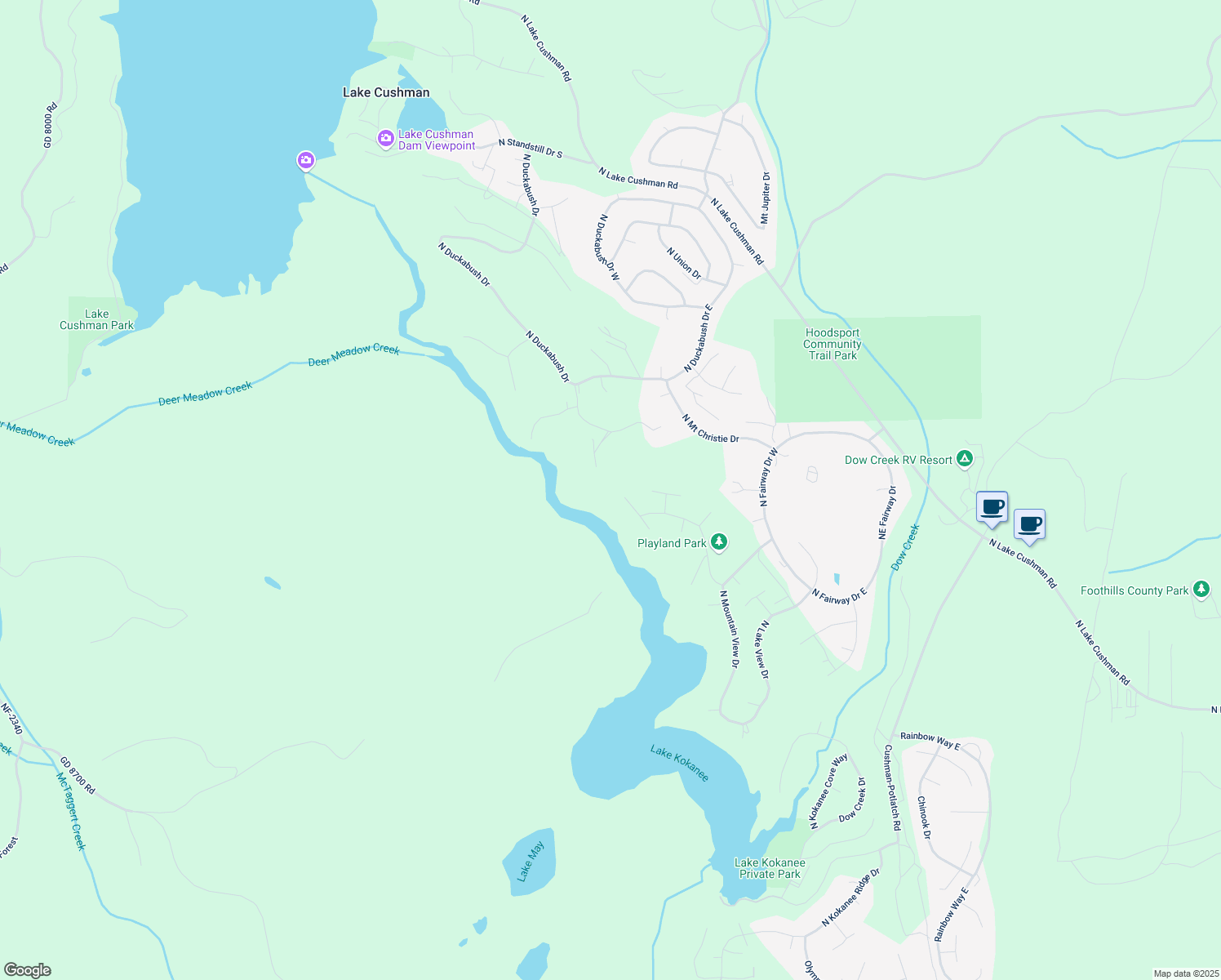 map of restaurants, bars, coffee shops, grocery stores, and more near 51 North Goldeneye Place in Hoodsport
