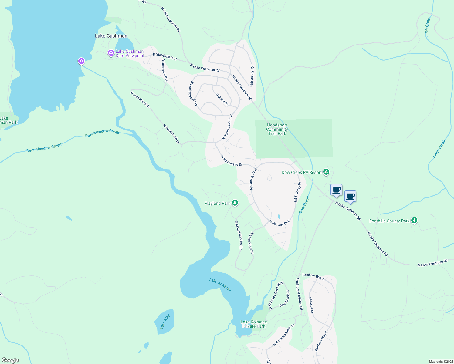 map of restaurants, bars, coffee shops, grocery stores, and more near 31 North Wood Duck Court East in Hoodsport