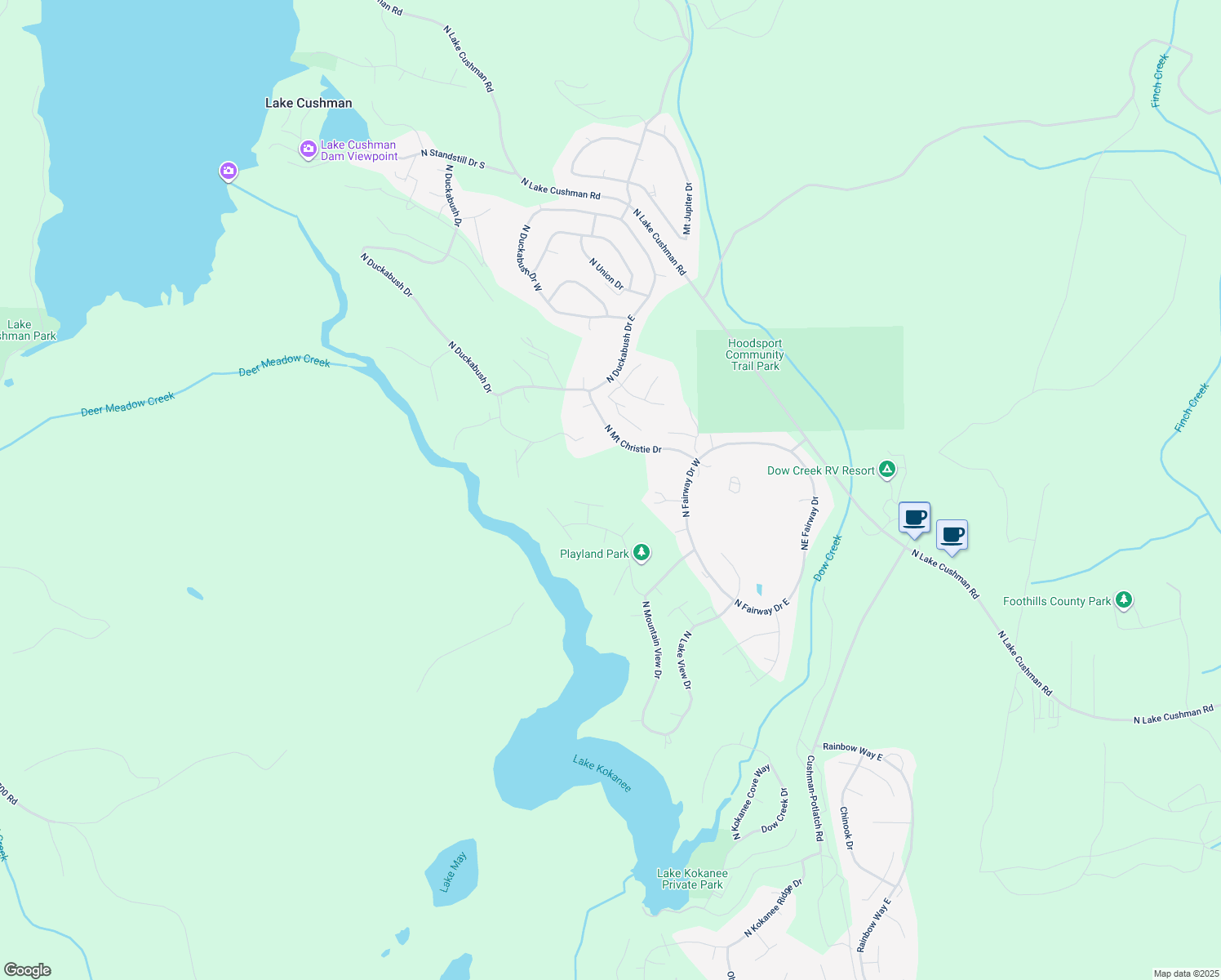map of restaurants, bars, coffee shops, grocery stores, and more near 31 North Wood Duck Court East in Hoodsport