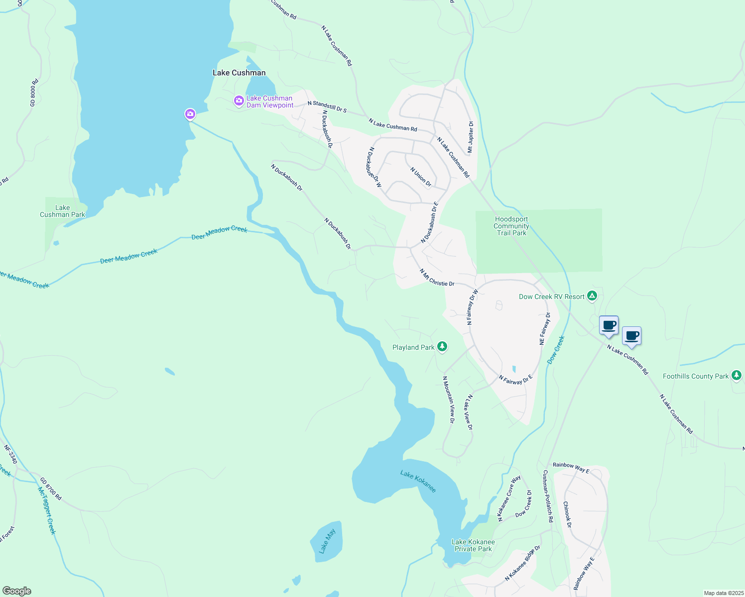 map of restaurants, bars, coffee shops, grocery stores, and more near 51 North Goldeneye Place in Hoodsport