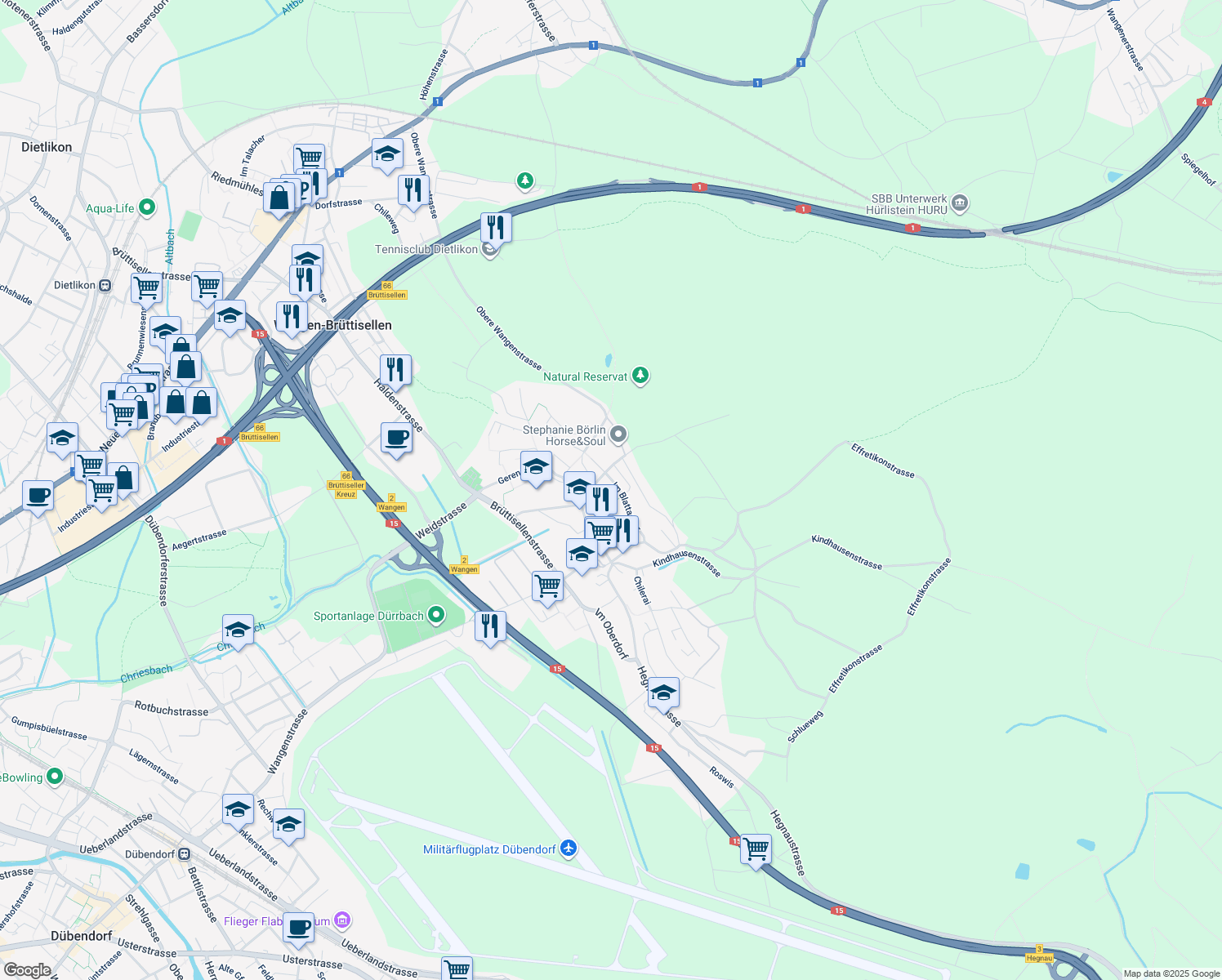 map of restaurants, bars, coffee shops, grocery stores, and more near in Wangen bei Dübendorf