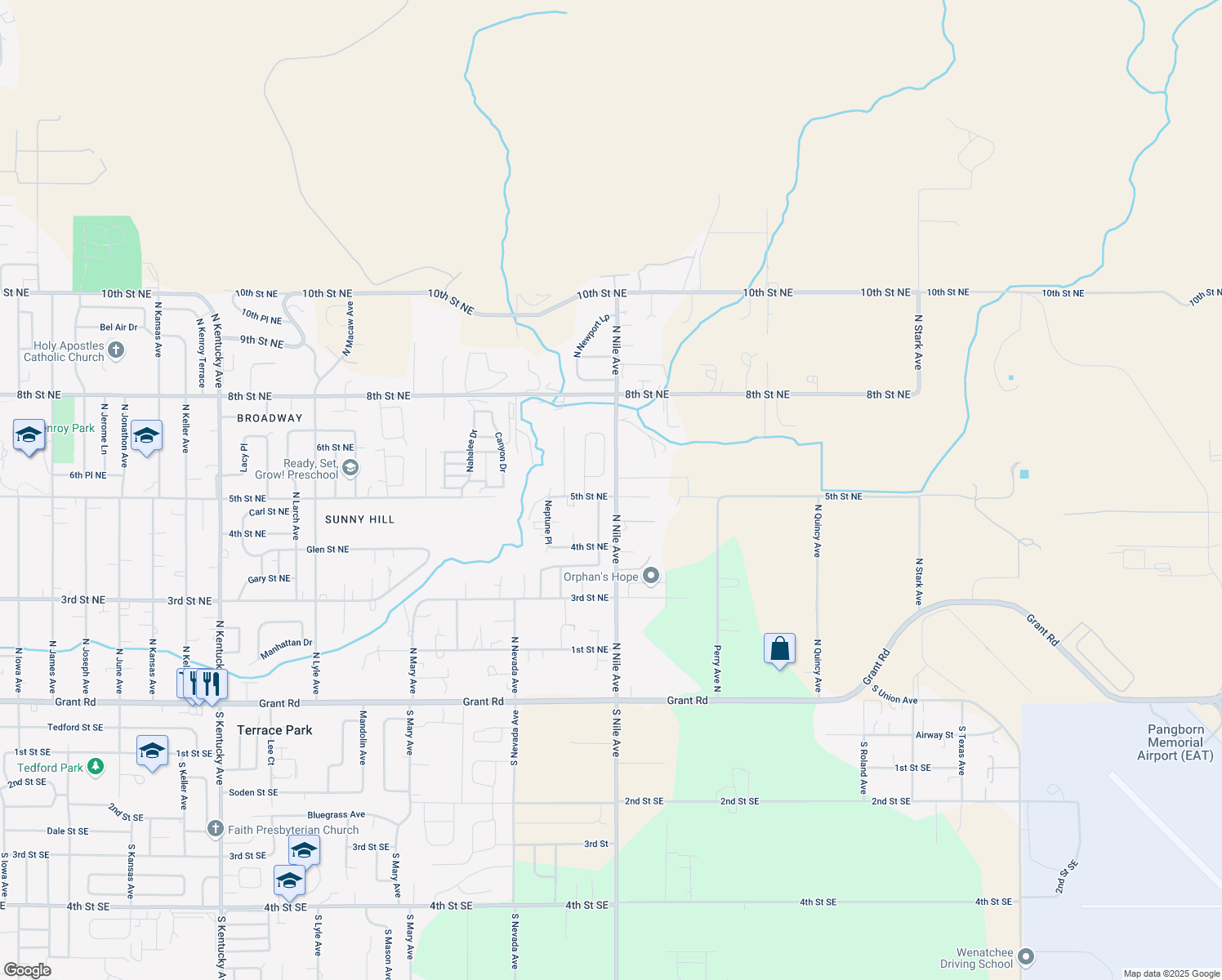 map of restaurants, bars, coffee shops, grocery stores, and more near 2480 5th Street Northeast in East Wenatchee