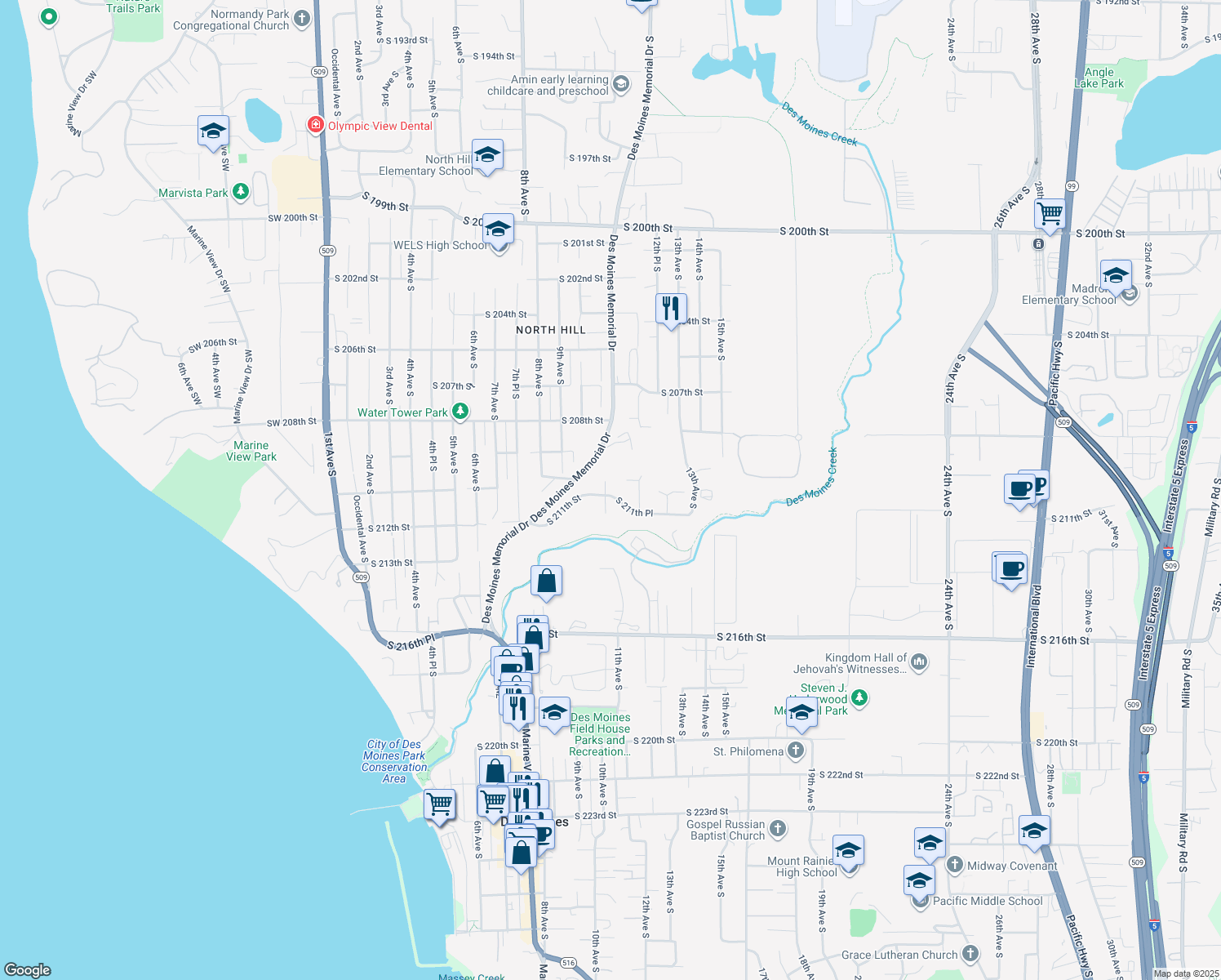 map of restaurants, bars, coffee shops, grocery stores, and more near 21016 11th Avenue South in Des Moines