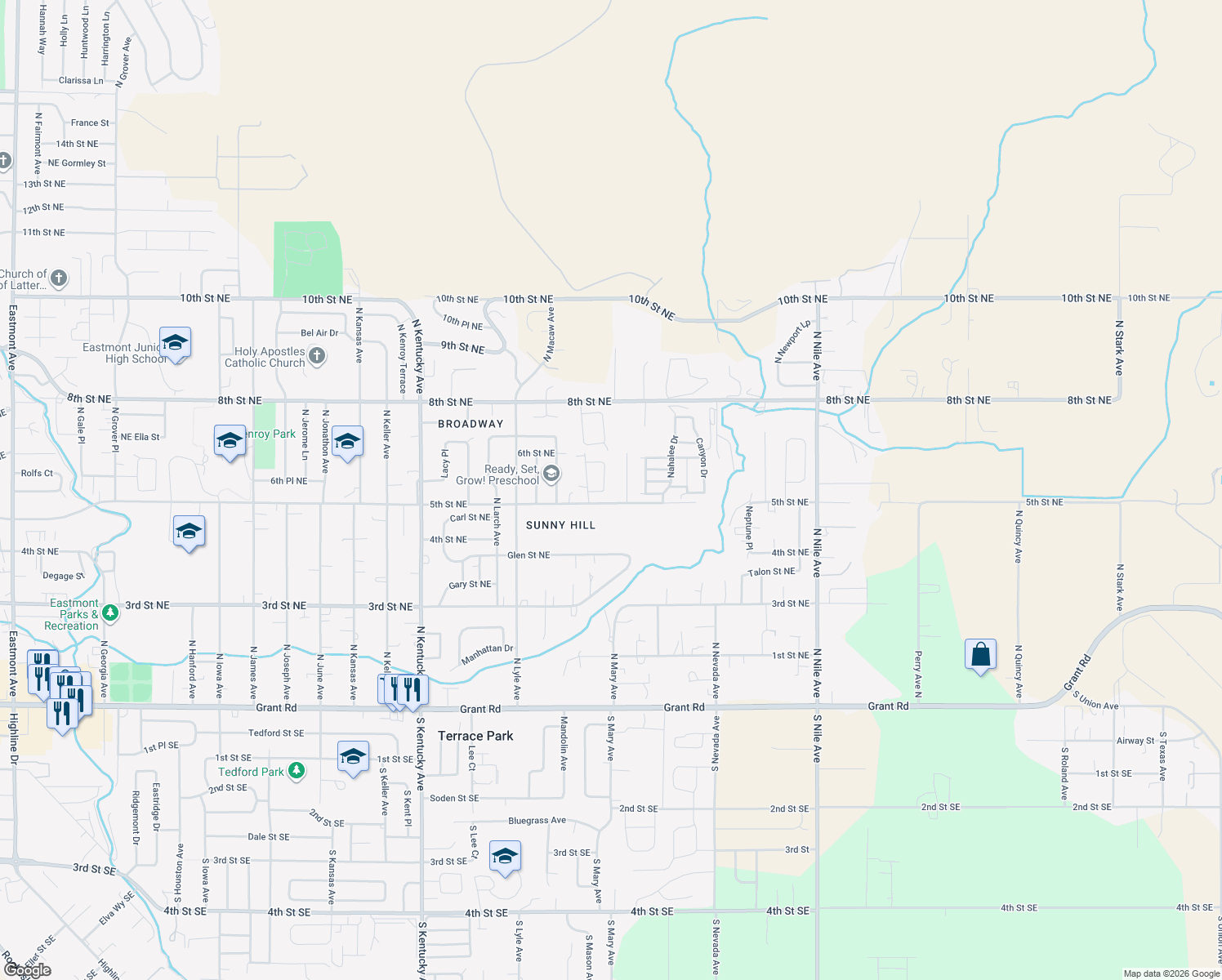 map of restaurants, bars, coffee shops, grocery stores, and more near 541 Morning View Circle in East Wenatchee
