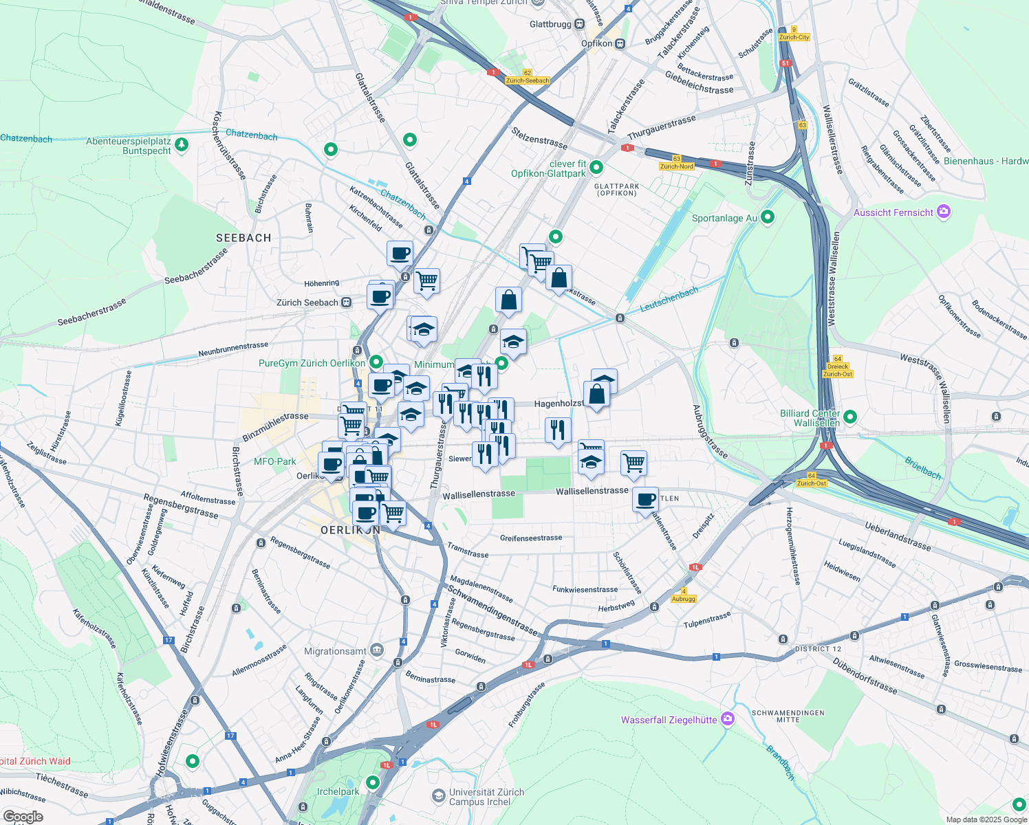 map of restaurants, bars, coffee shops, grocery stores, and more near 60 Hagenholzstrasse in Zürich