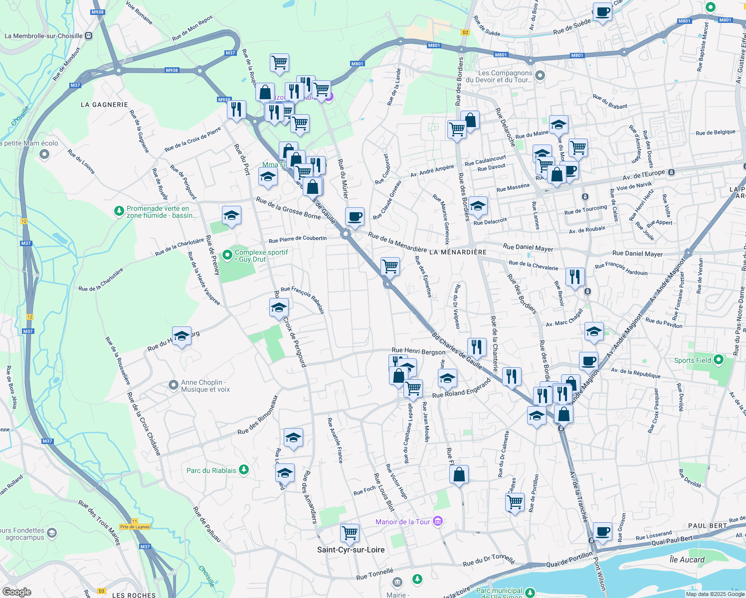 map of restaurants, bars, coffee shops, grocery stores, and more near 204 Boulevard Charles de Gaulle in Saint-Cyr-sur-Loire