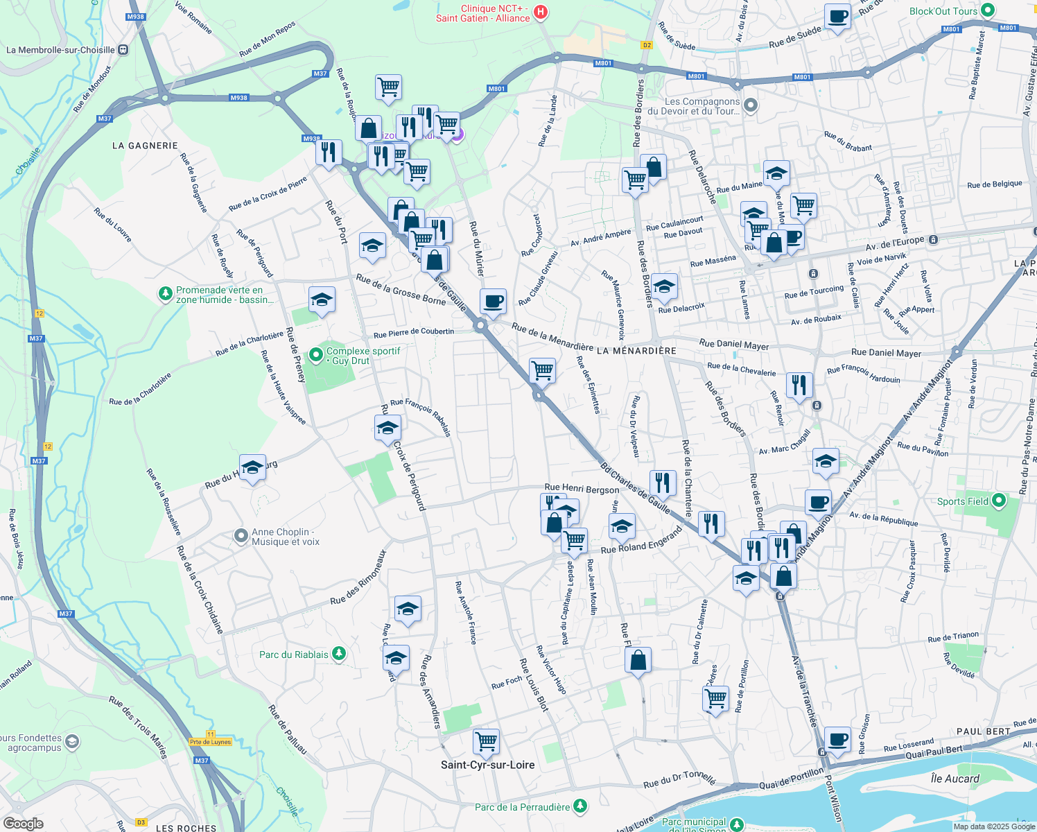 map of restaurants, bars, coffee shops, grocery stores, and more near 204 Boulevard Charles de Gaulle in Saint-Cyr-sur-Loire