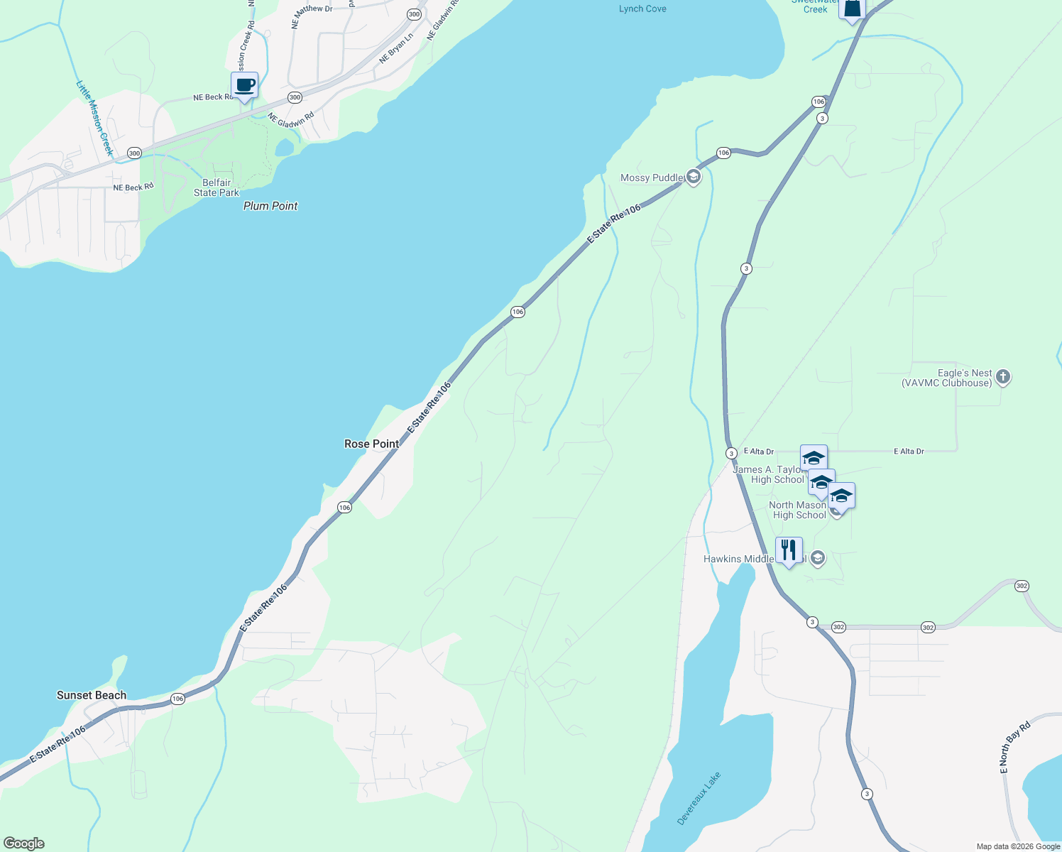 map of restaurants, bars, coffee shops, grocery stores, and more near 321 East Alderwood Road in Belfair