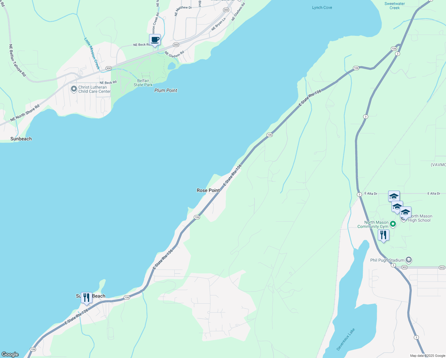 map of restaurants, bars, coffee shops, grocery stores, and more near 18521 Washington 106 in Belfair