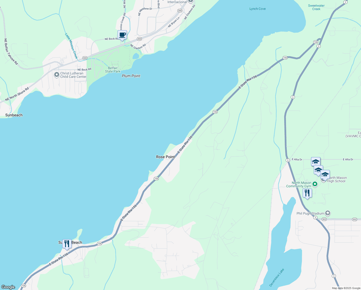 map of restaurants, bars, coffee shops, grocery stores, and more near 18521 Washington 106 in Belfair