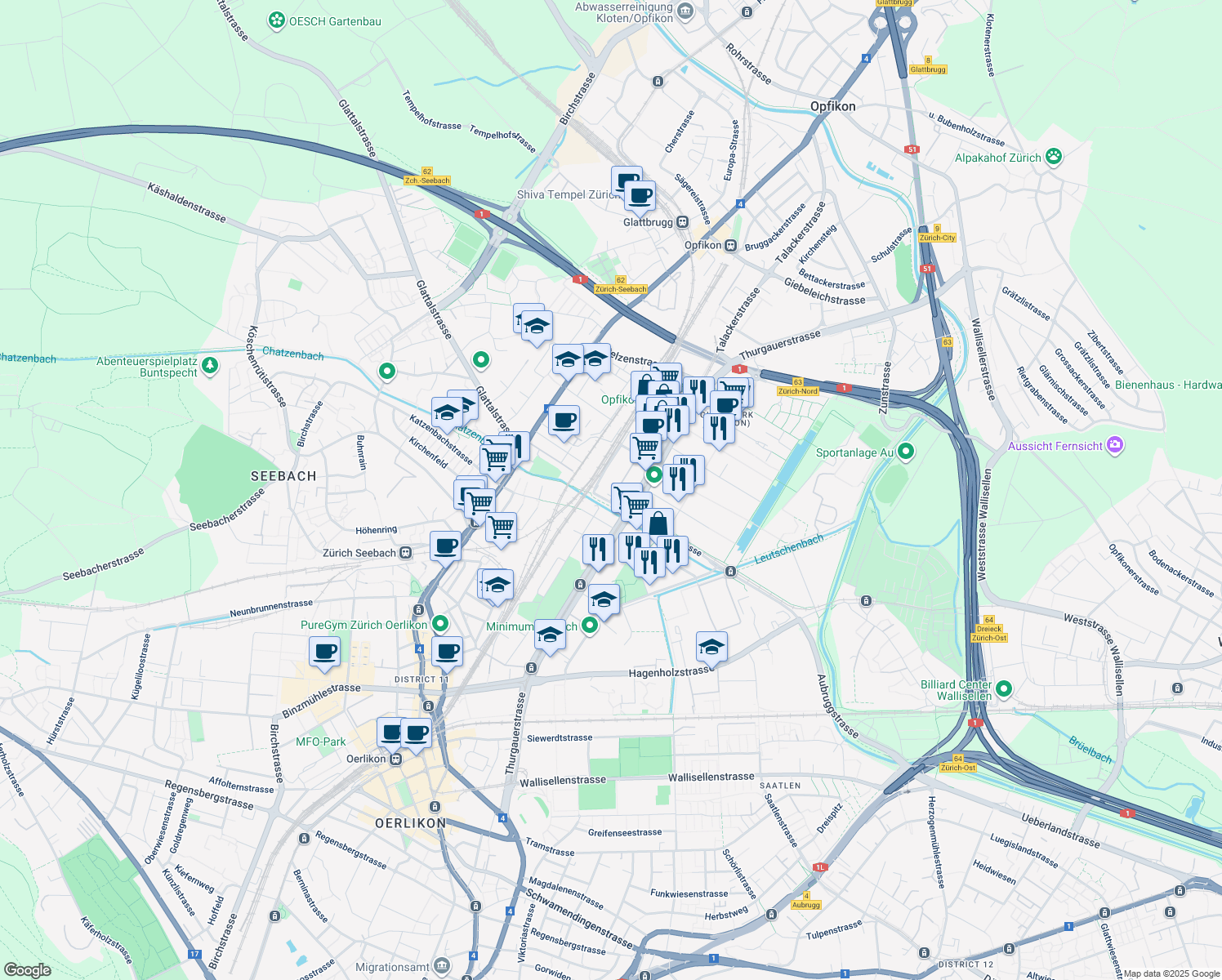 map of restaurants, bars, coffee shops, grocery stores, and more near 101 Thurgauerstrasse in Opfikon