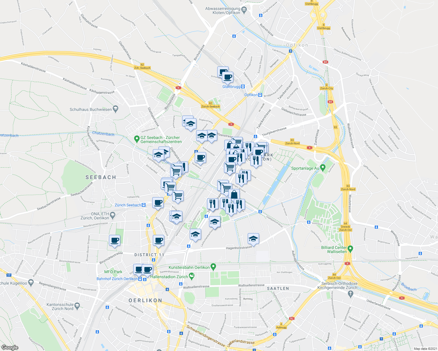 map of restaurants, bars, coffee shops, grocery stores, and more near 101 Thurgauerstrasse in Opfikon