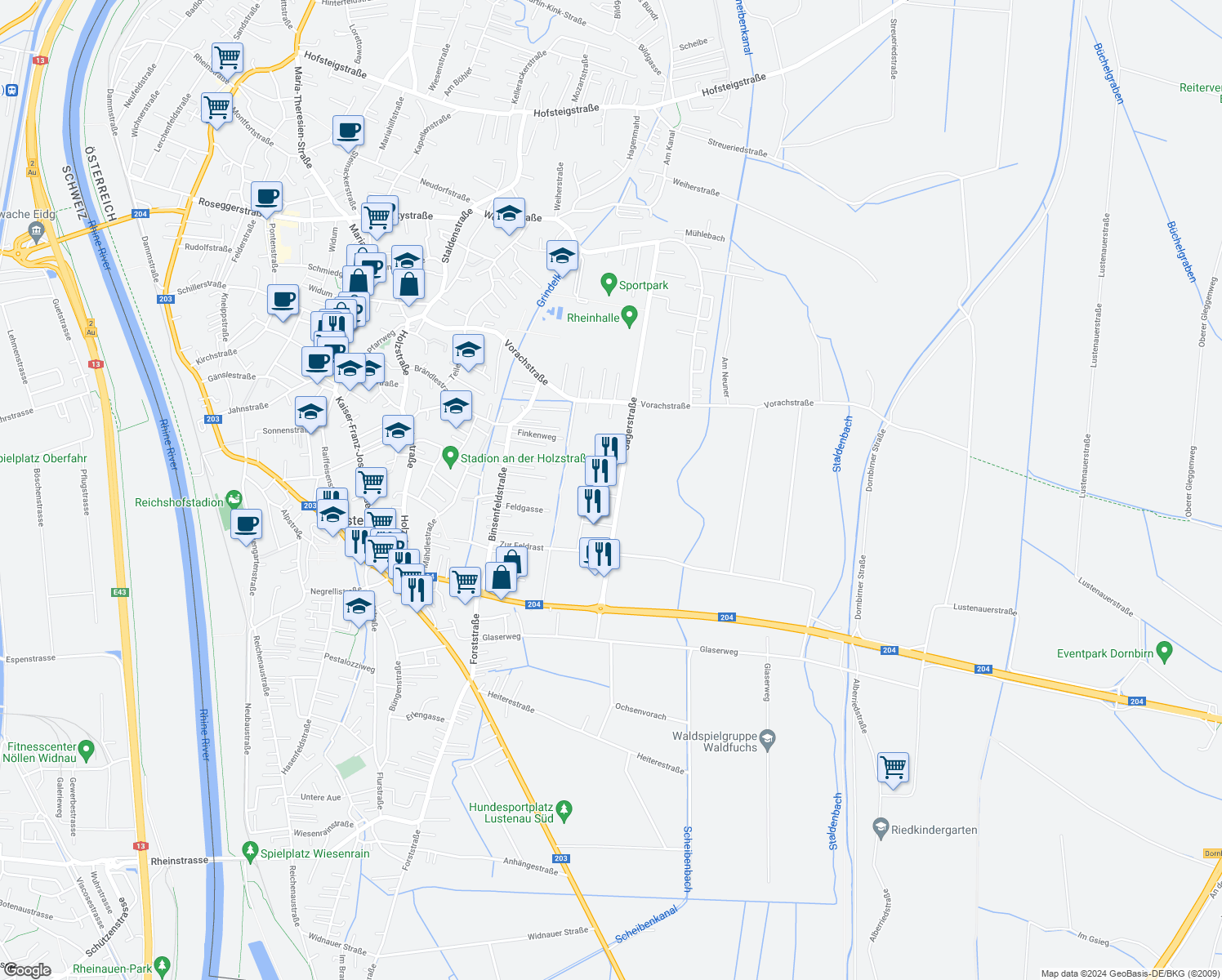map of restaurants, bars, coffee shops, grocery stores, and more near 8 Millennium Park in Lustenau