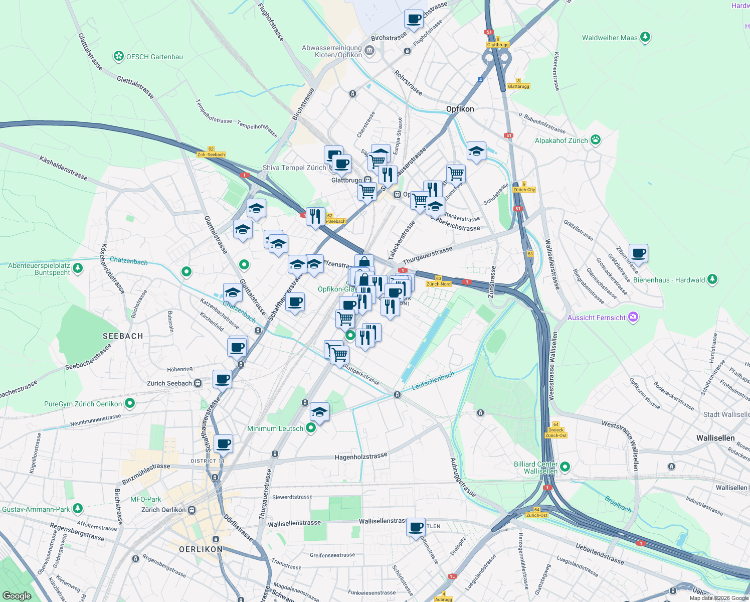map of restaurants, bars, coffee shops, grocery stores, and more near 130 Thurgauerstrasse in Opfikon